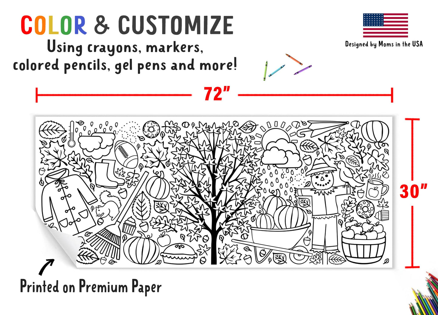 Tiny Expressions Fall Coloring Poster for Kids – 30x72 Rolled Giant Coloring Table Cloth