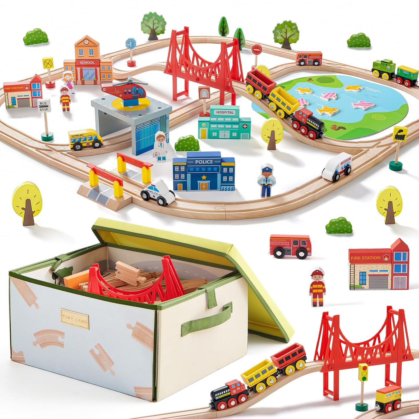 Tiny Land 110-Piece Wooden Train Set with Folding Storage Box