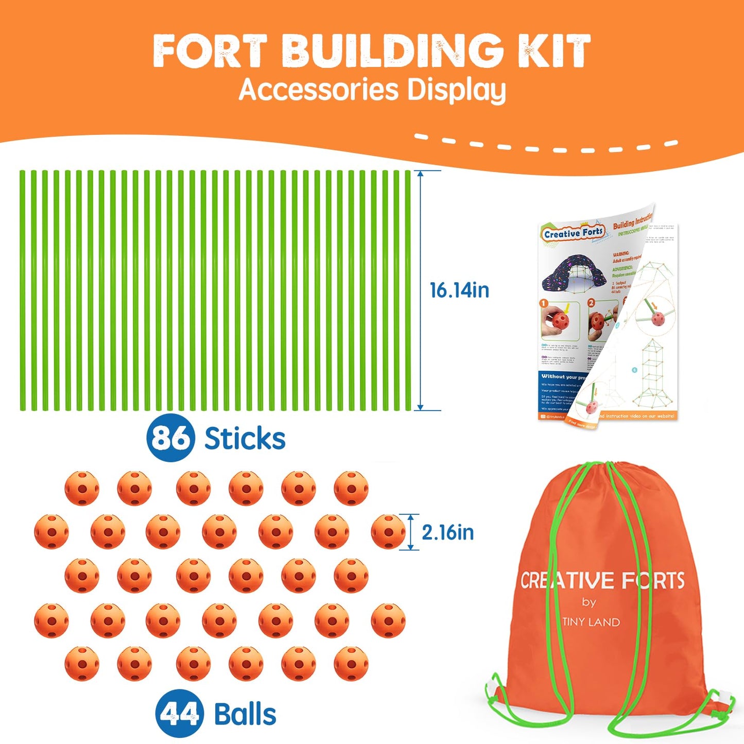 Tiny Land Fort Building Kit – Creative STEM Forts for Kids 5-12 (130-Piece Set with 86 Rods & 44 Balls)