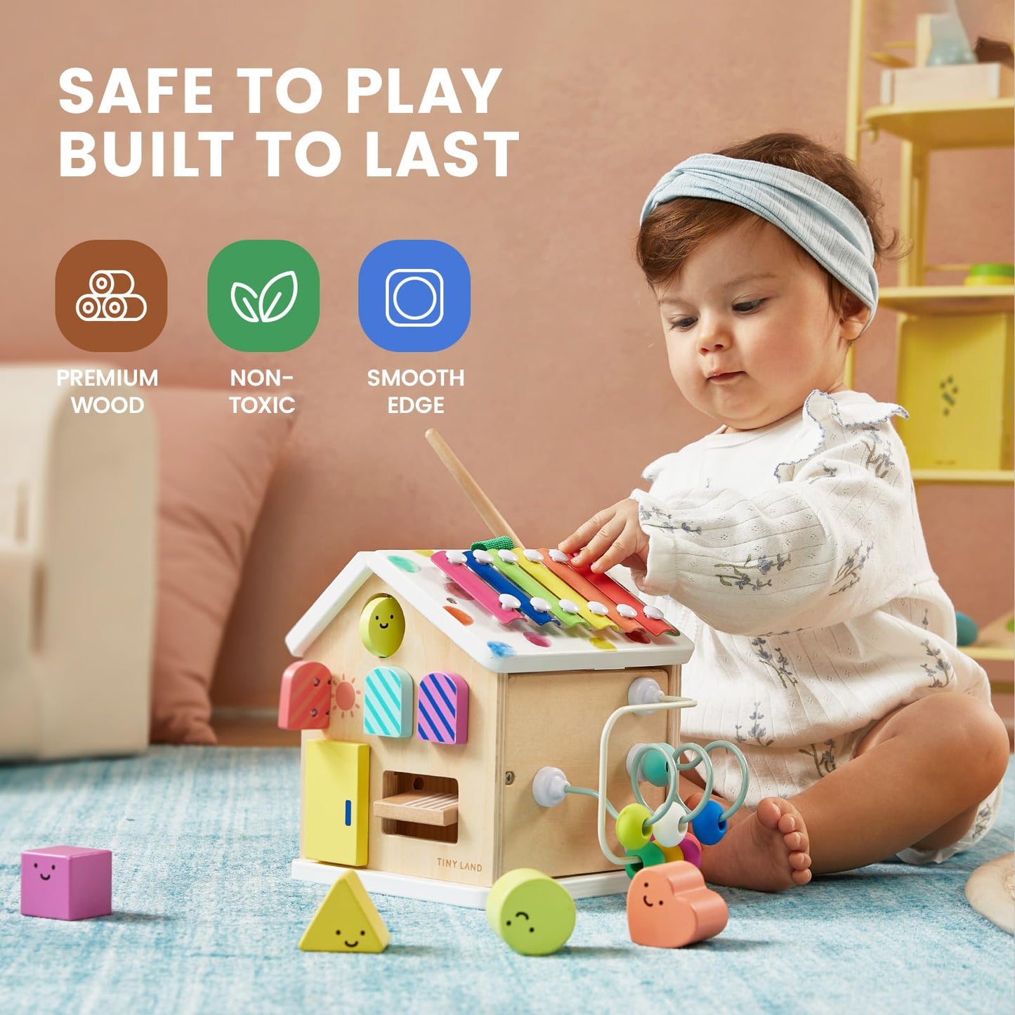 Tiny Land 9-in-1 Wooden Activity Cube - Rainbow Edition, Montessori Baby Activity Center for Toddlers