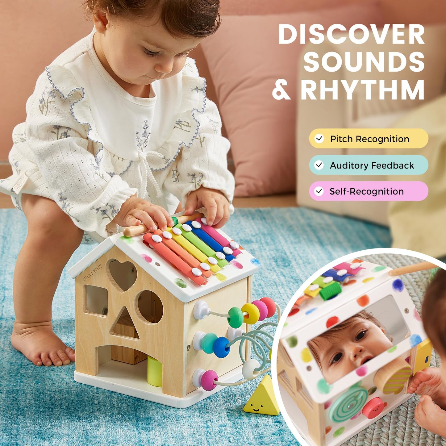 Tiny Land 9-in-1 Wooden Activity Cube - Rainbow Edition, Montessori Baby Activity Center for Toddlers