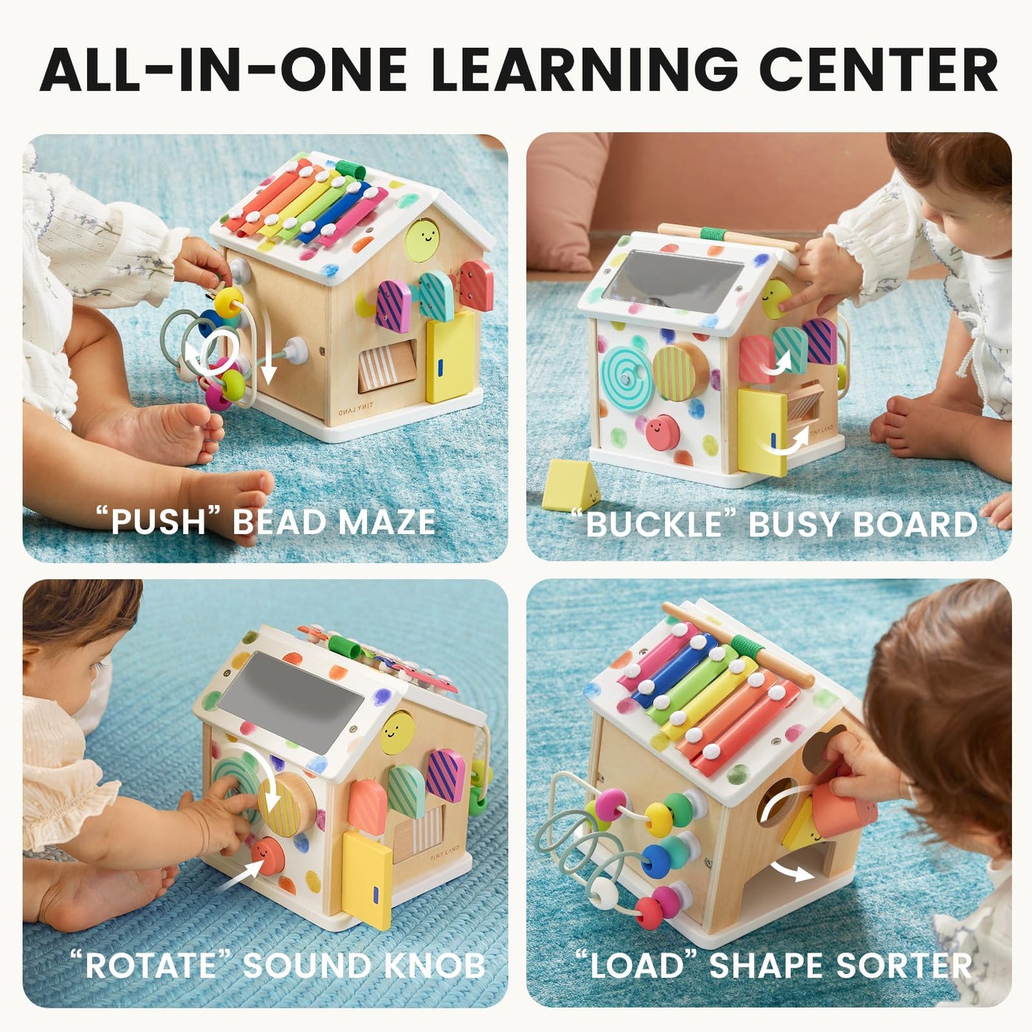 Tiny Land 9-in-1 Wooden Activity Cube - Rainbow Edition, Montessori Baby Activity Center for Toddlers