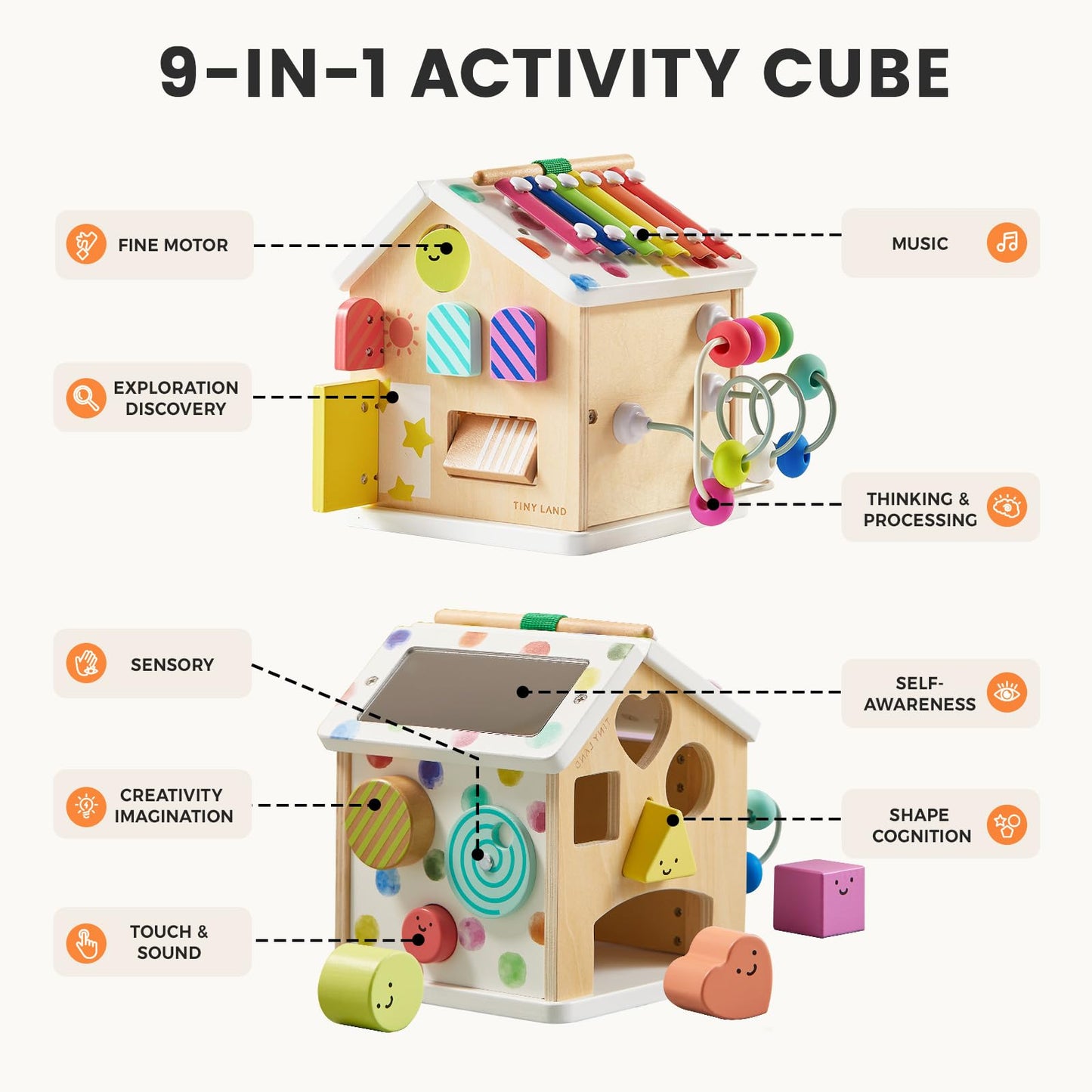 Tiny Land 9-in-1 Wooden Activity Cube - Rainbow Edition, Montessori Baby Activity Center for Toddlers