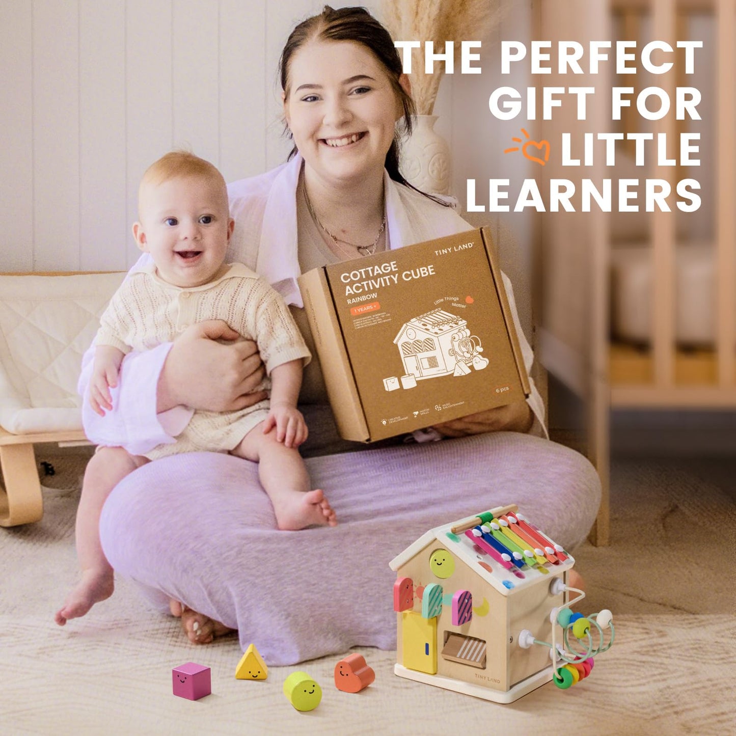 Tiny Land 9-in-1 Wooden Activity Cube - Rainbow Edition, Montessori Baby Activity Center for Toddlers