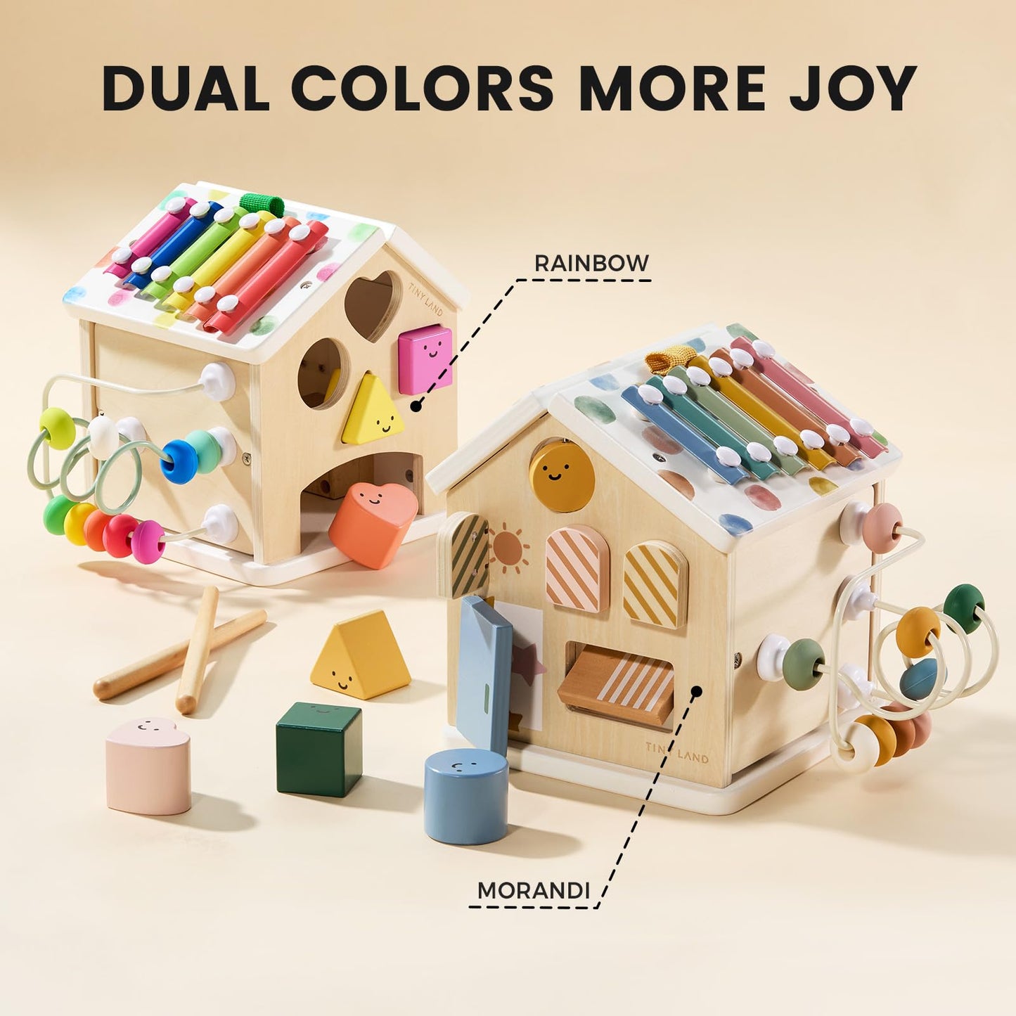 Tiny Land 9-in-1 Wooden Activity Cube - Rainbow Edition, Montessori Baby Activity Center for Toddlers