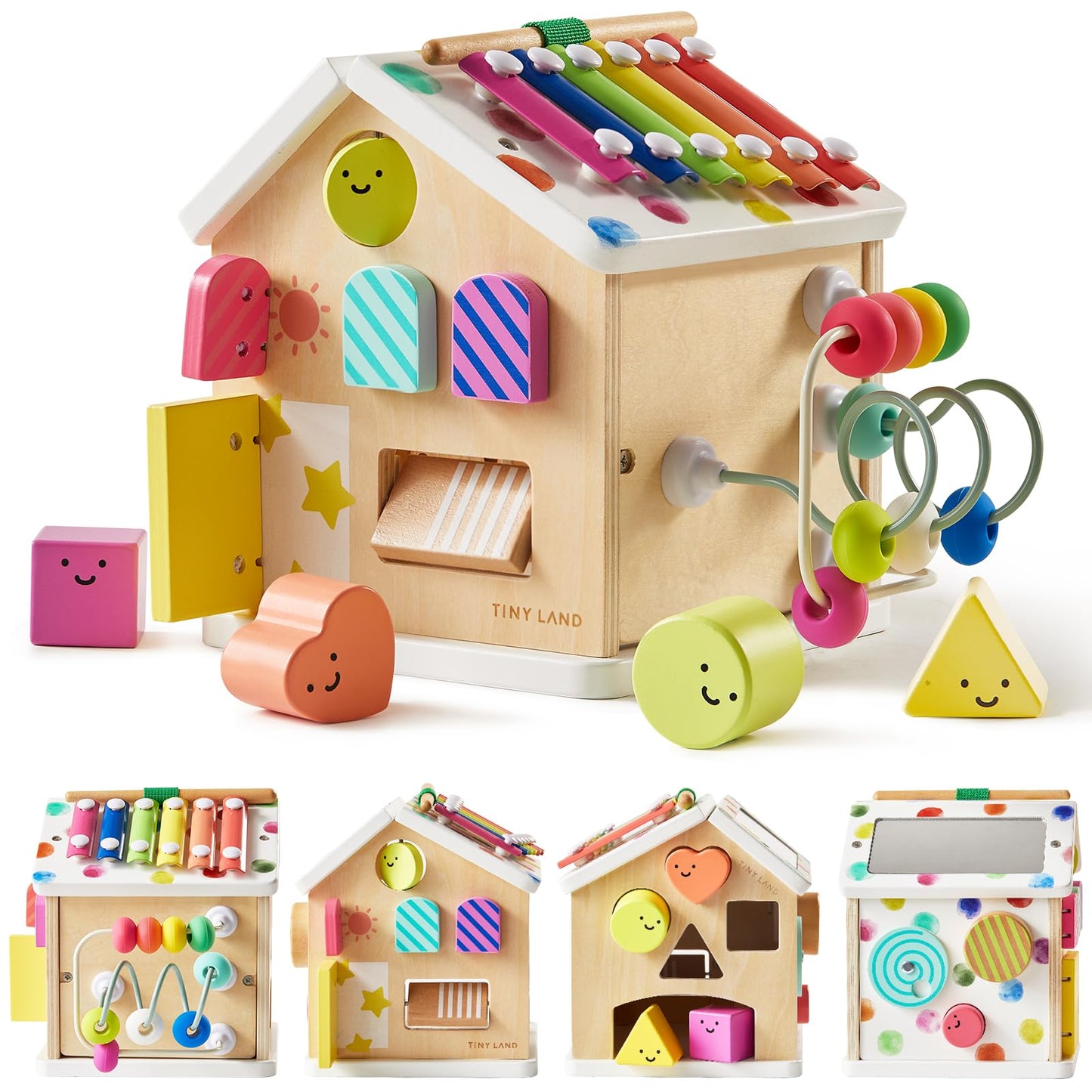 Tiny Land 9-in-1 Wooden Activity Cube - Rainbow Edition, Montessori Baby Activity Center for Toddlers