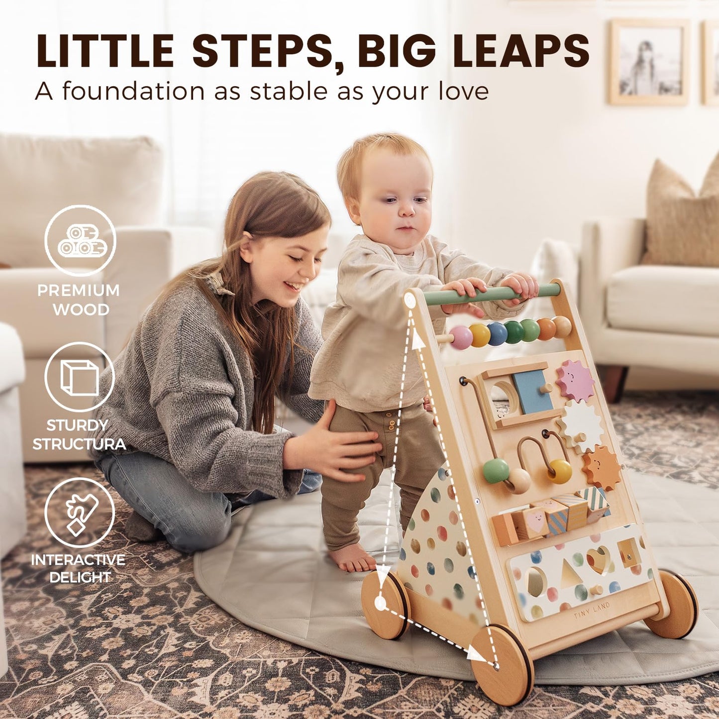 Tiny Land Wooden Baby Walker with Adjustable Speed — Montessori Activity Push Walker