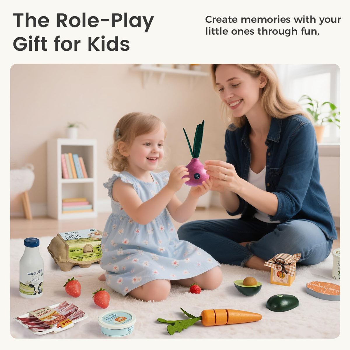 Tiny Land Organic Wooden 7-Piece Veg & Fruit Play Set | Montessori Pretend Food for Kids