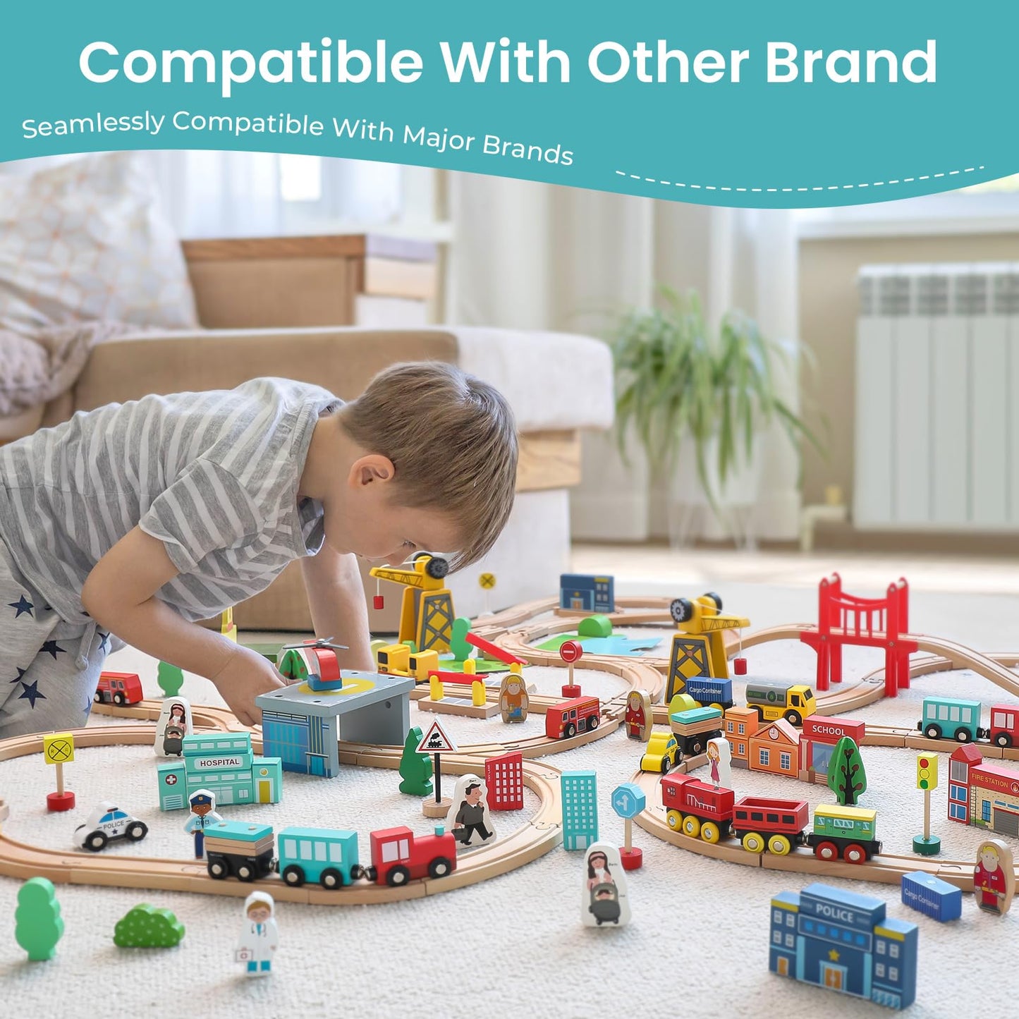 Tiny Land Wooden Train Set – 39 Pcs Beech Wood, Expandable & Brand-Compatible