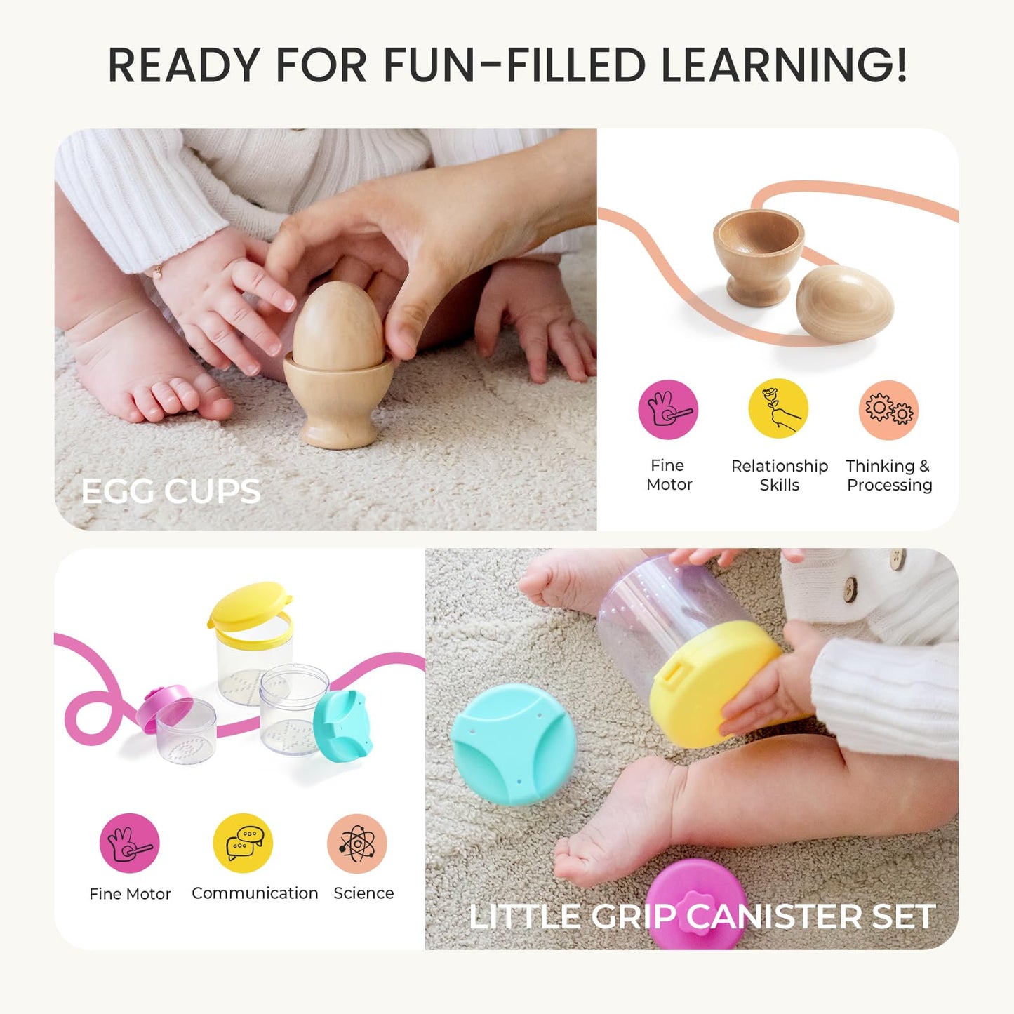 Tiny Land Montessori 5-in-1 Wooden Toy Set for Babies 1 Year Old – Peg Drop Box, Rocking Stacker & More