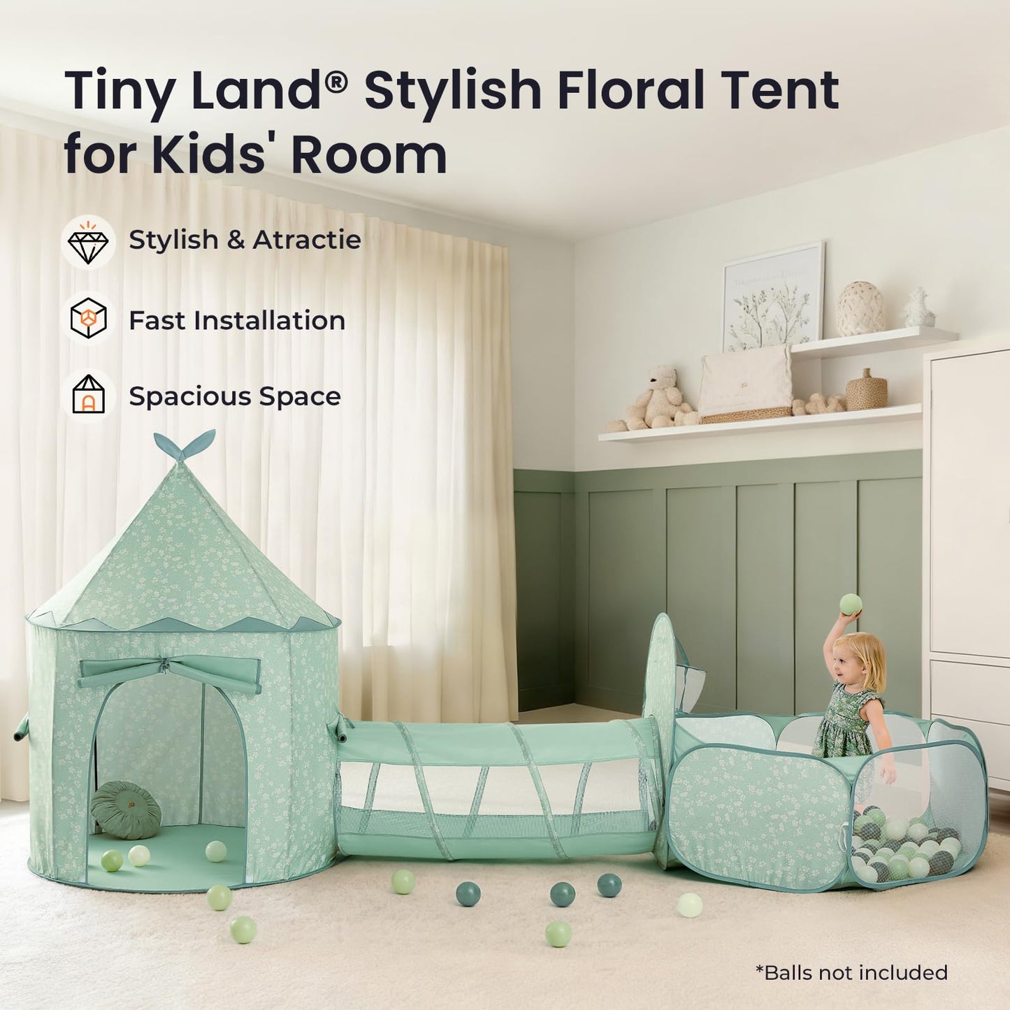 Tiny Land 3-in-1 Play Tunnel with Ball Pit & Tent – Green