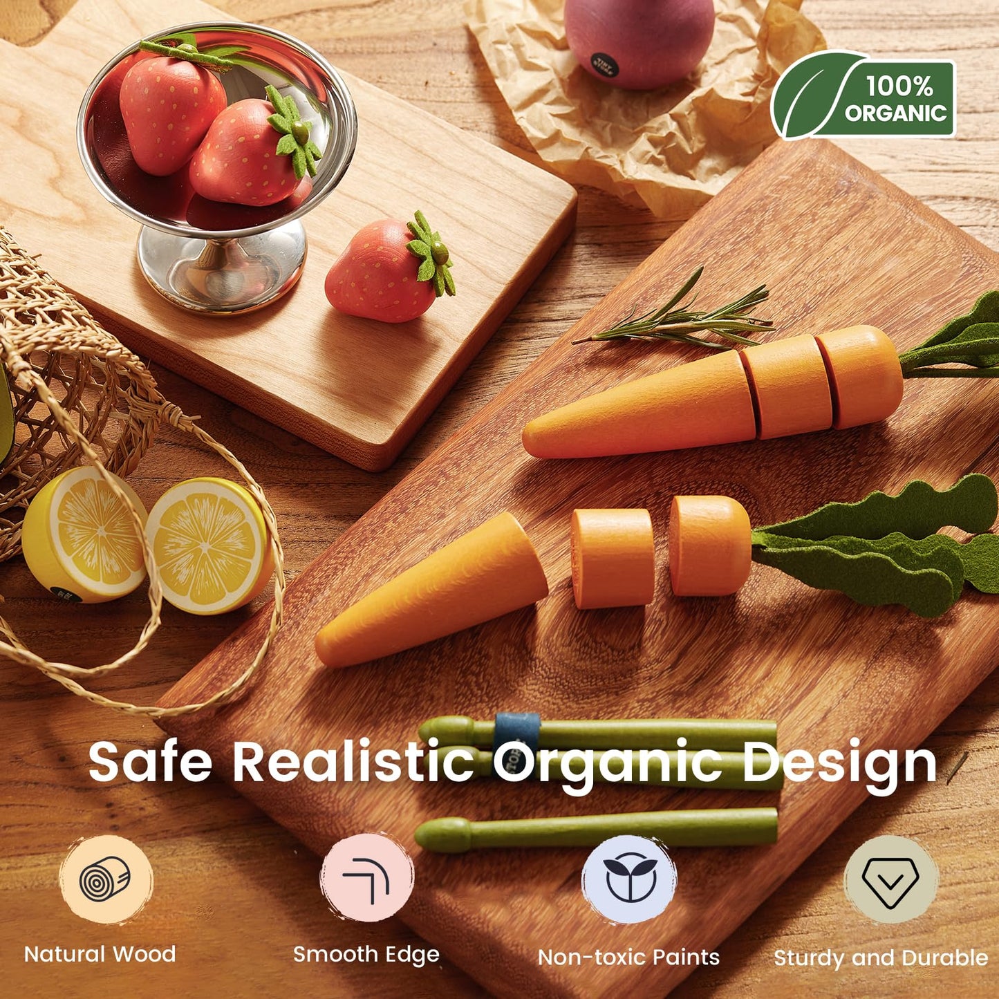 Tiny Land Organic Wooden 7-Piece Veg & Fruit Play Set | Montessori Pretend Food for Kids