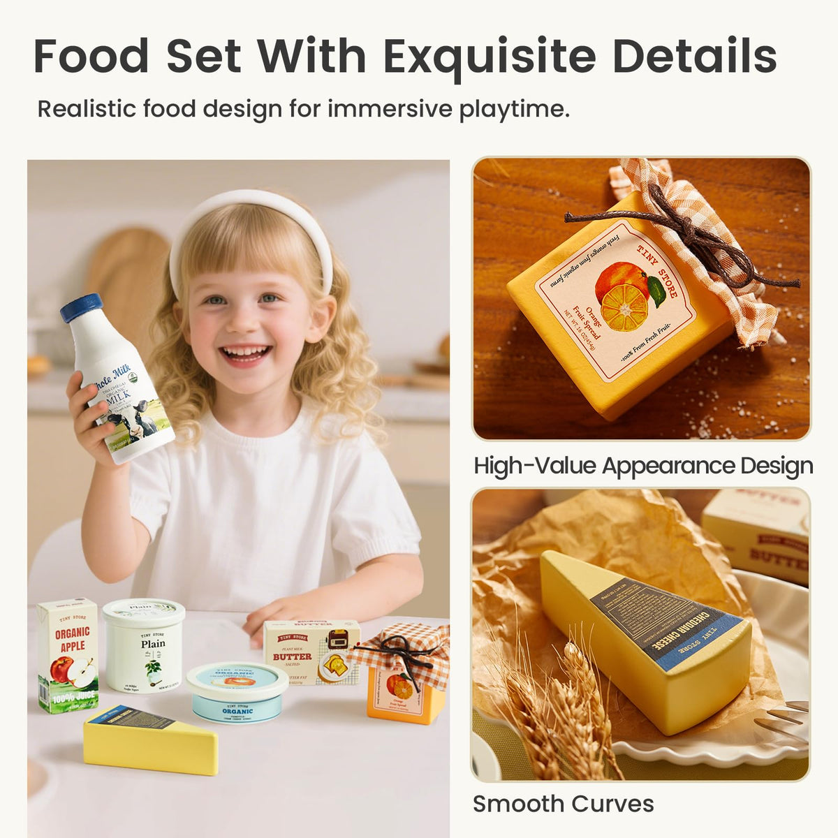 Tiny Land Wooden Dairy & Drinks Set – 7-Piece Pretend Food Toy for Toddlers & Kids 3+