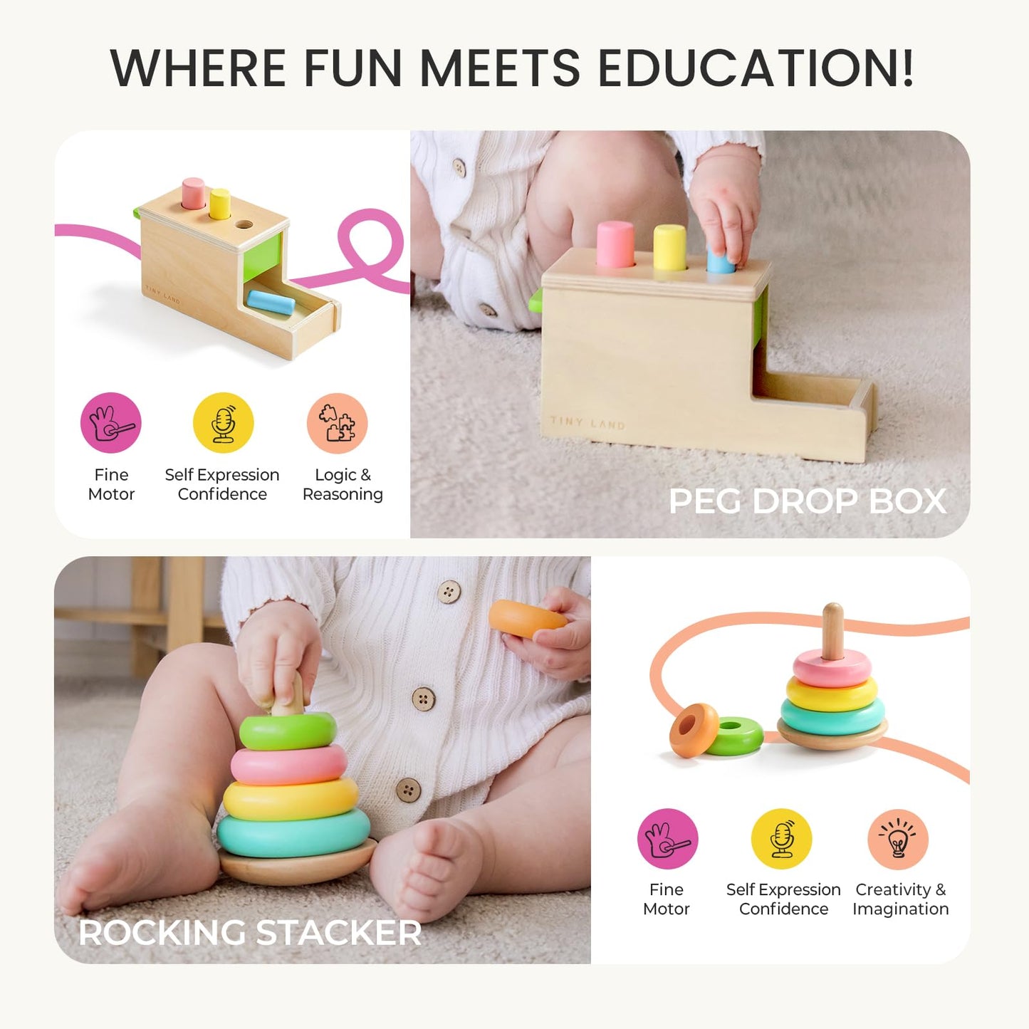 Tiny Land Montessori 5-in-1 Wooden Toy Set for Babies 1 Year Old – Peg Drop Box, Rocking Stacker & More