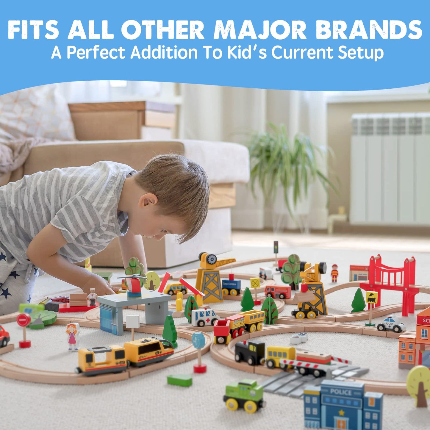 Tiny Land 55PCS Wooden Train Set — Compatible with Major Brand Tracks for Ages 3-7