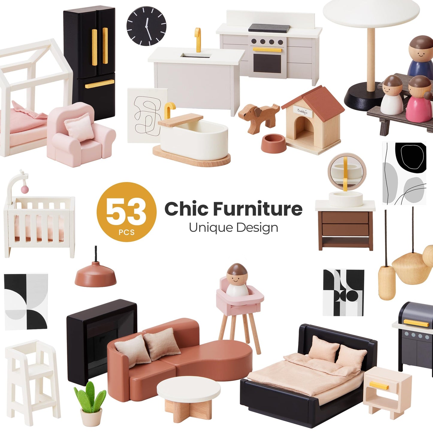 Tiny Land Doll House – Modern Wooden Dollhouse with 53-Piece Furniture Set for Kids 3+