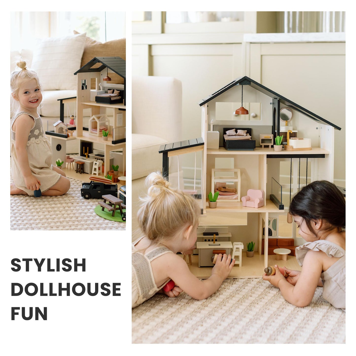Tiny Land Doll House – Modern Wooden Dollhouse with 53-Piece Furniture Set for Kids 3+