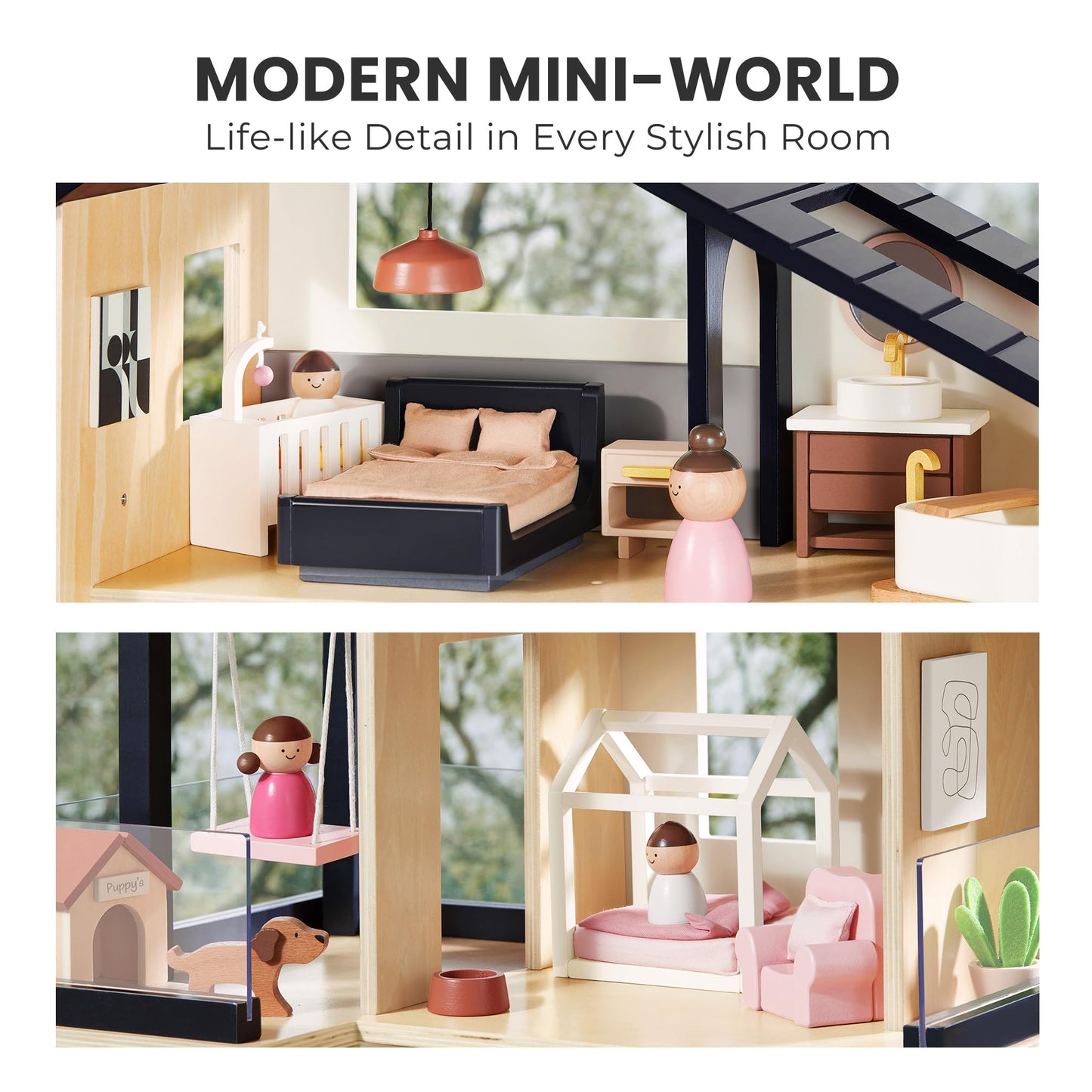 Tiny Land Doll House – Modern Wooden Dollhouse with 53-Piece Furniture Set for Kids 3+