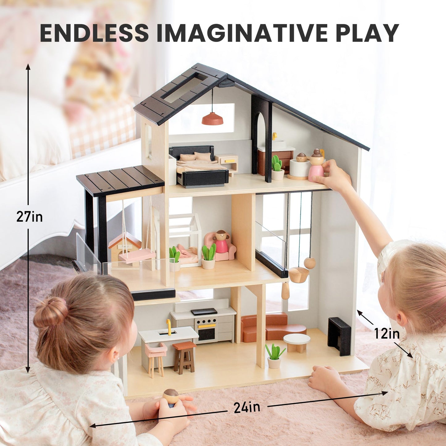 Tiny Land Doll House – Modern Wooden Dollhouse with 53-Piece Furniture Set for Kids 3+