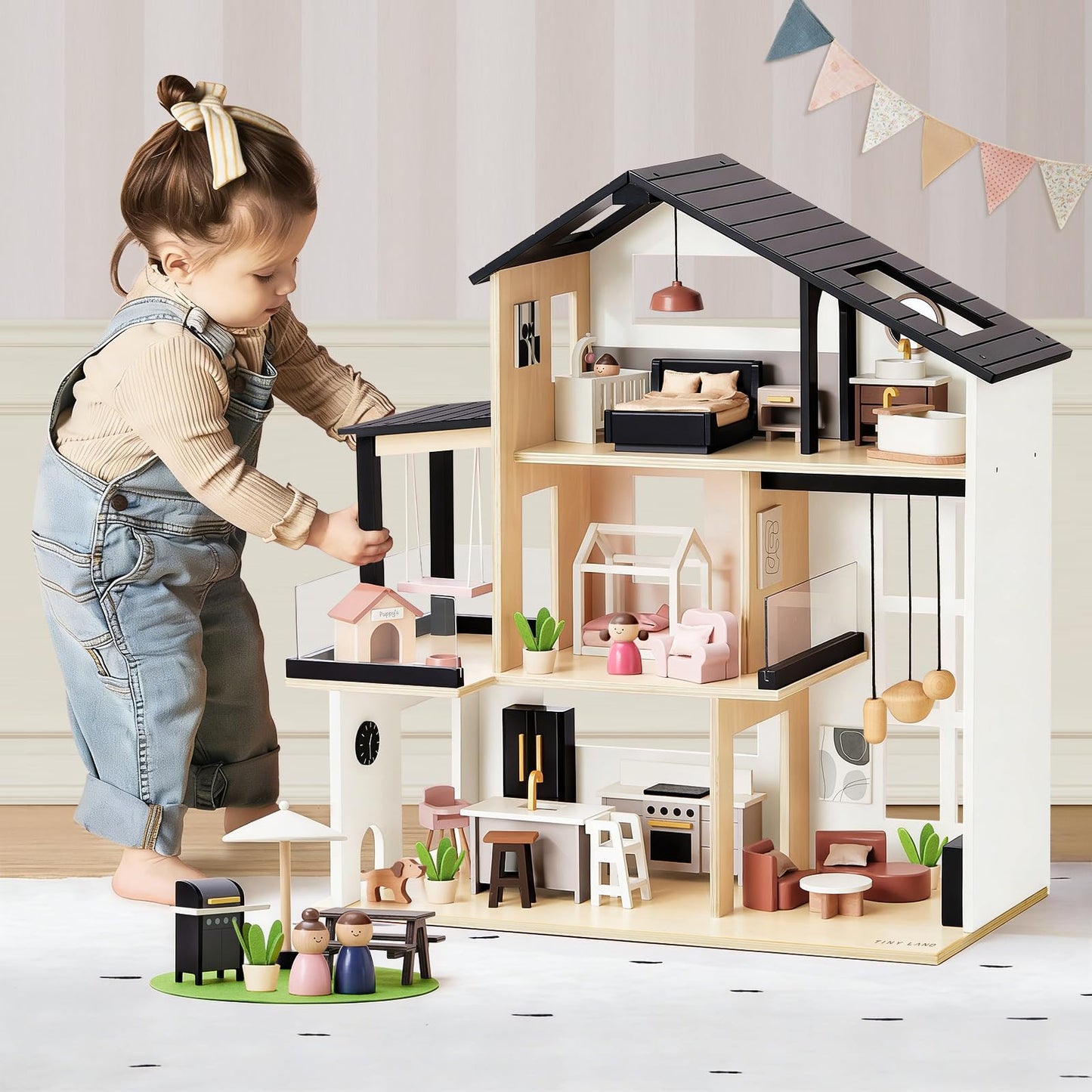 Tiny Land Doll House – Modern Wooden Dollhouse with 53-Piece Furniture Set for Kids 3+