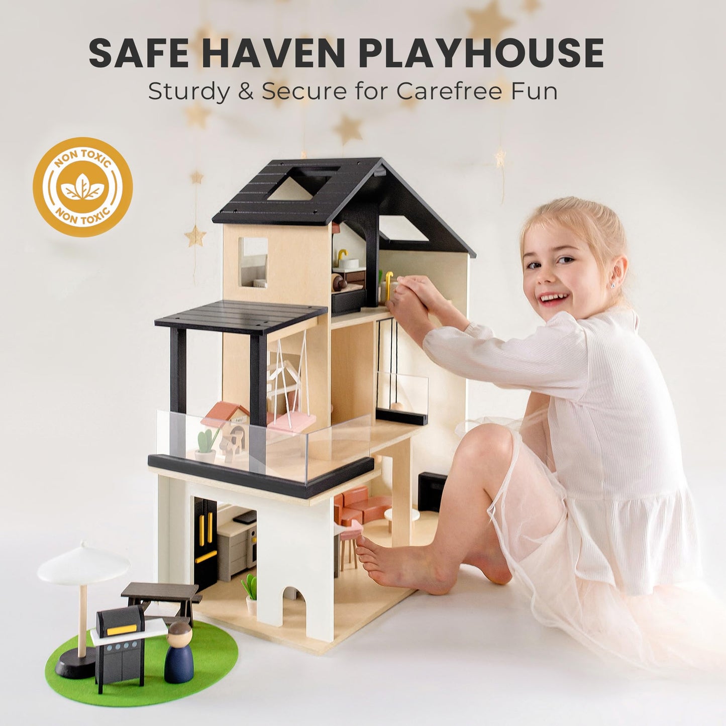Tiny Land Doll House – Modern Wooden Dollhouse with 53-Piece Furniture Set for Kids 3+
