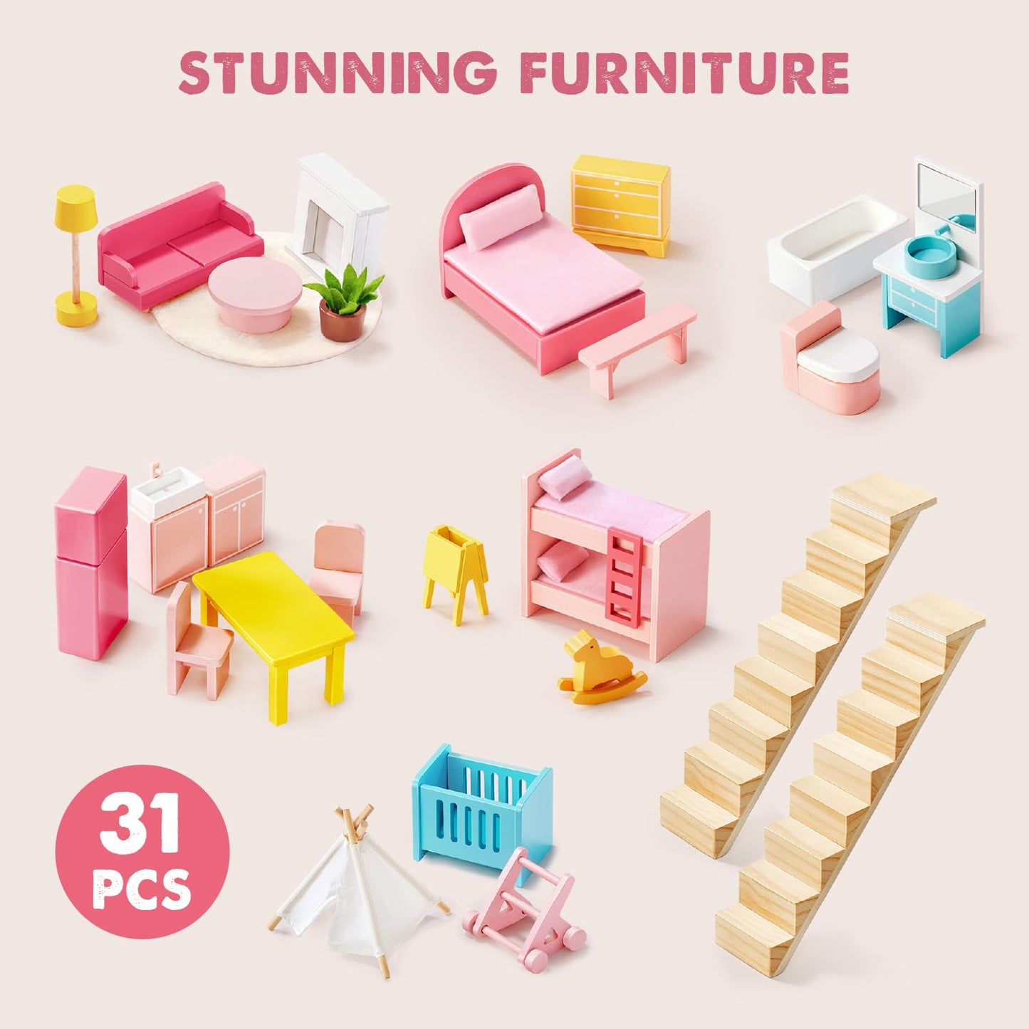 Tiny Land Wooden Dollhouse for Girls - 6 Rooms, 31-Piece Furniture