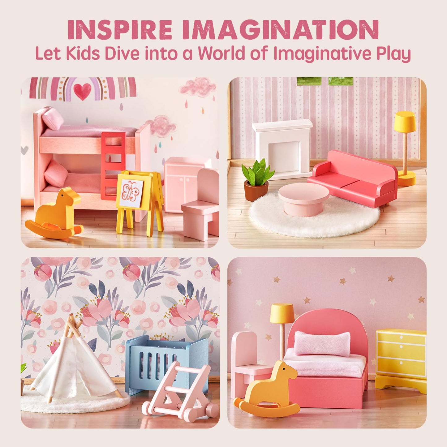 Tiny Land Wooden Dollhouse for Girls - 6 Rooms, 31-Piece Furniture