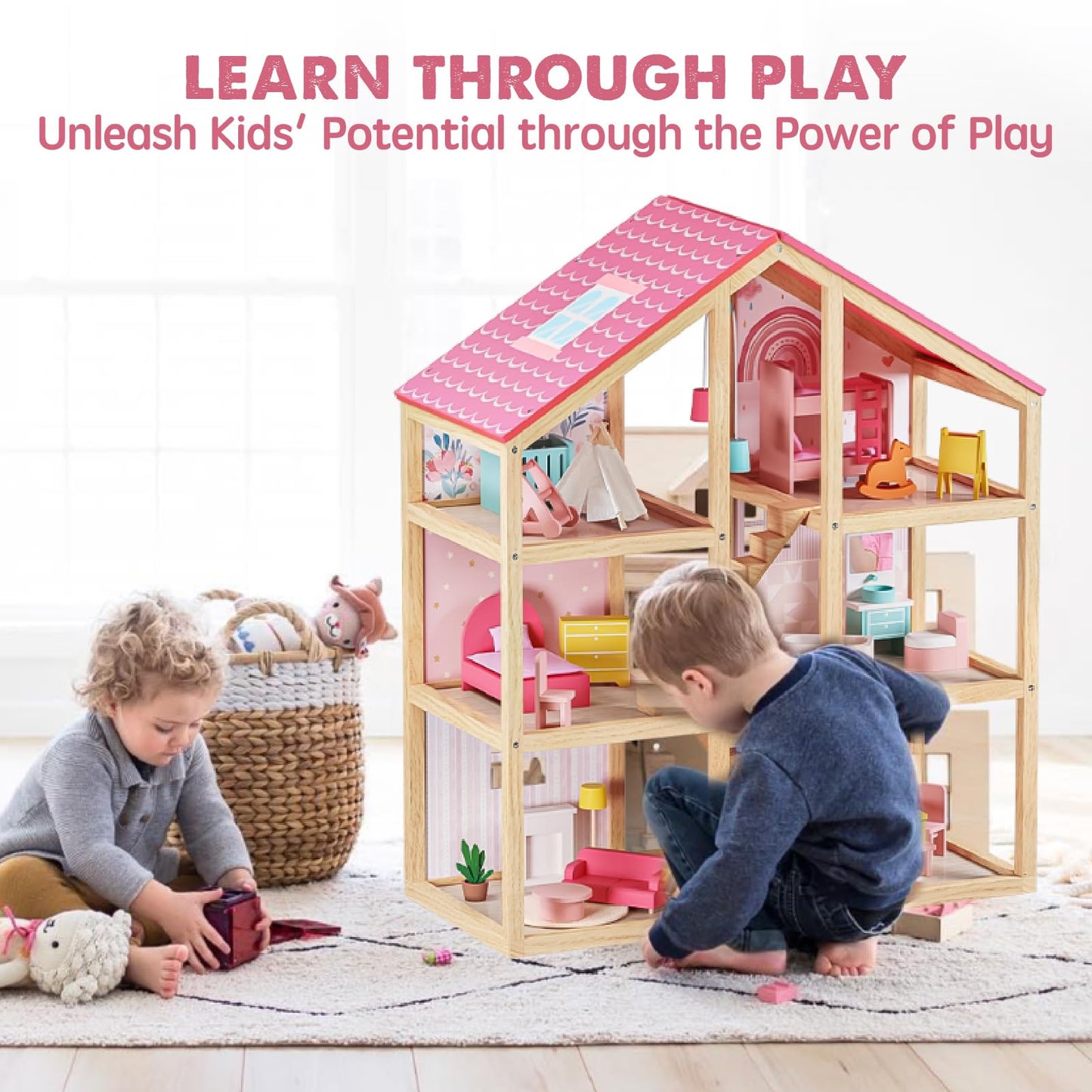 Tiny Land Wooden Dollhouse for Girls - 6 Rooms, 31-Piece Furniture