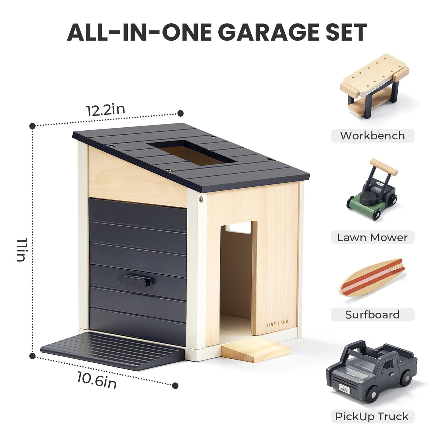 Tiny Land Wooden Dollhouse Garage Set – Realistic Garage, Workbench, Lawn Mower & SUV Car