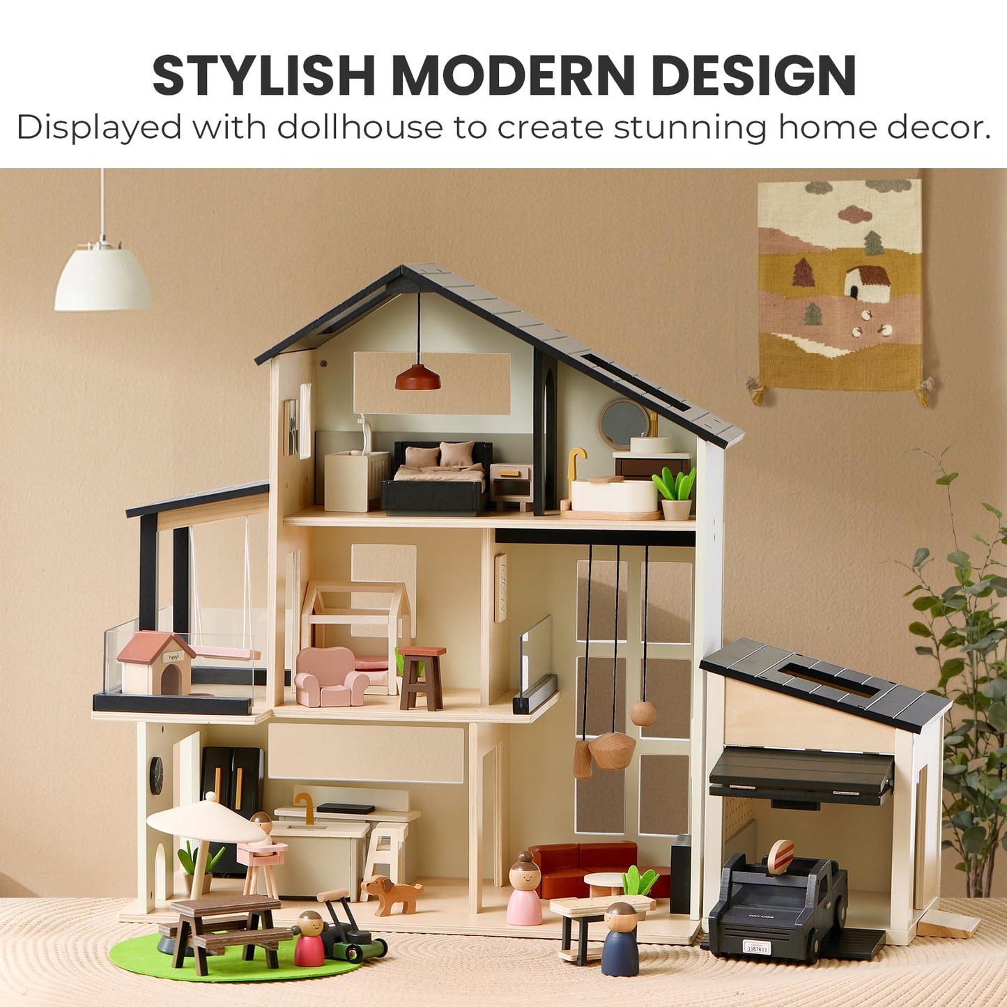 Tiny Land Wooden Dollhouse Garage Set – Realistic Garage, Workbench, Lawn Mower & SUV Car