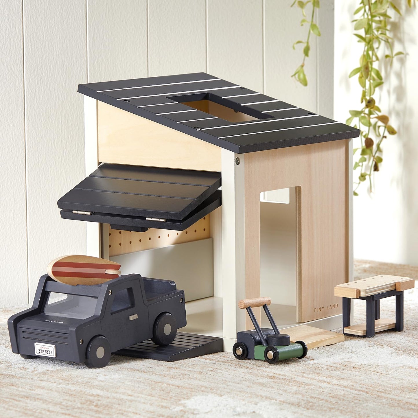 Tiny Land Wooden Dollhouse Garage Set – Realistic Garage, Workbench, Lawn Mower & SUV Car