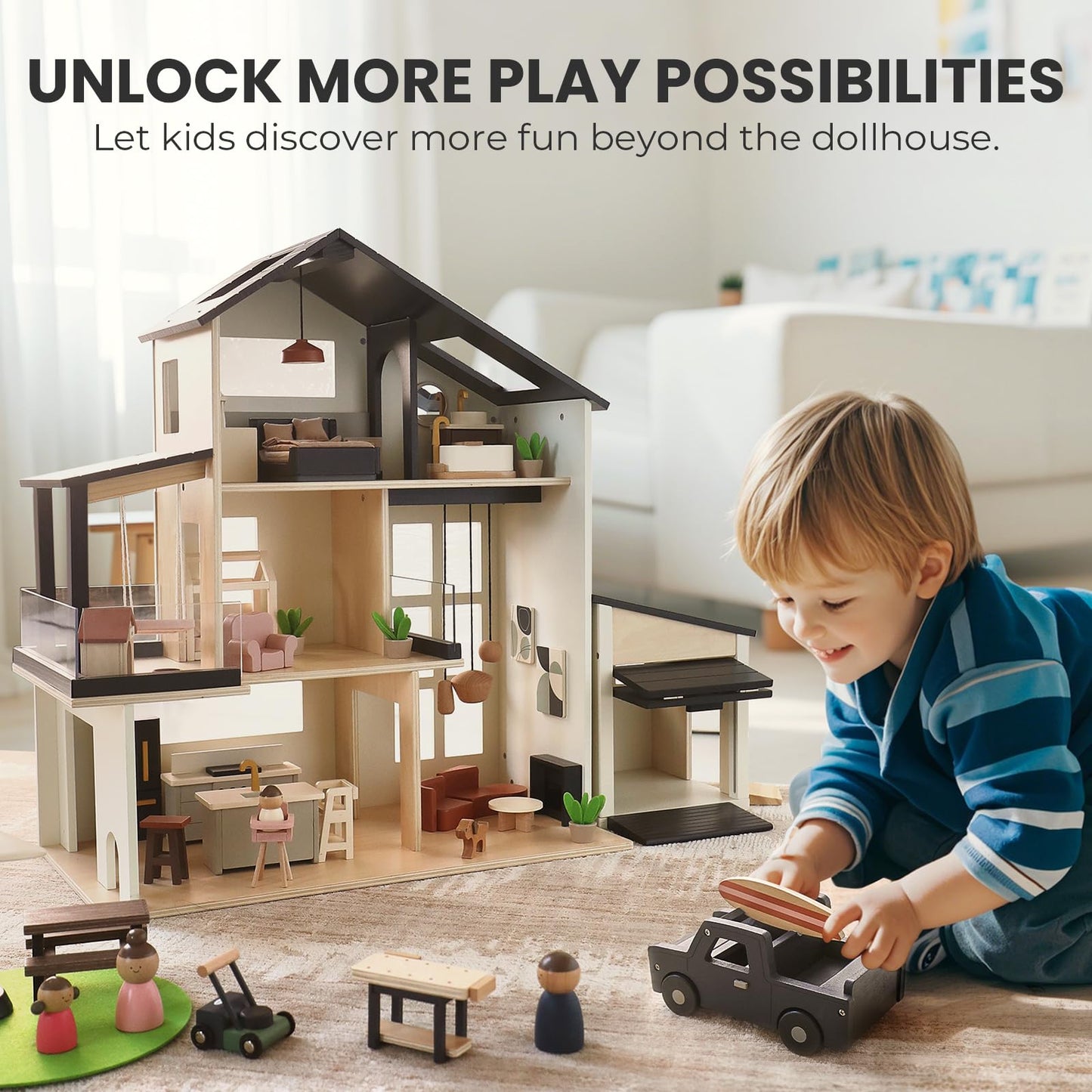 Tiny Land Wooden Dollhouse Garage Set – Realistic Garage, Workbench, Lawn Mower & SUV Car