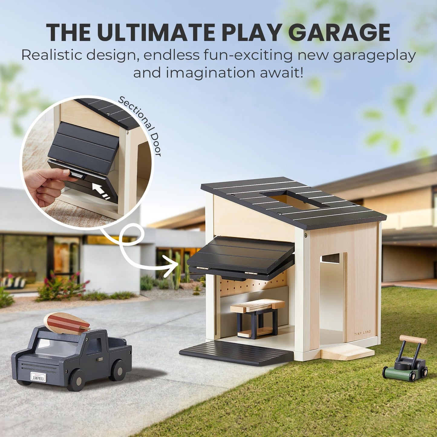 Tiny Land Wooden Dollhouse Garage Set – Realistic Garage, Workbench, Lawn Mower & SUV Car