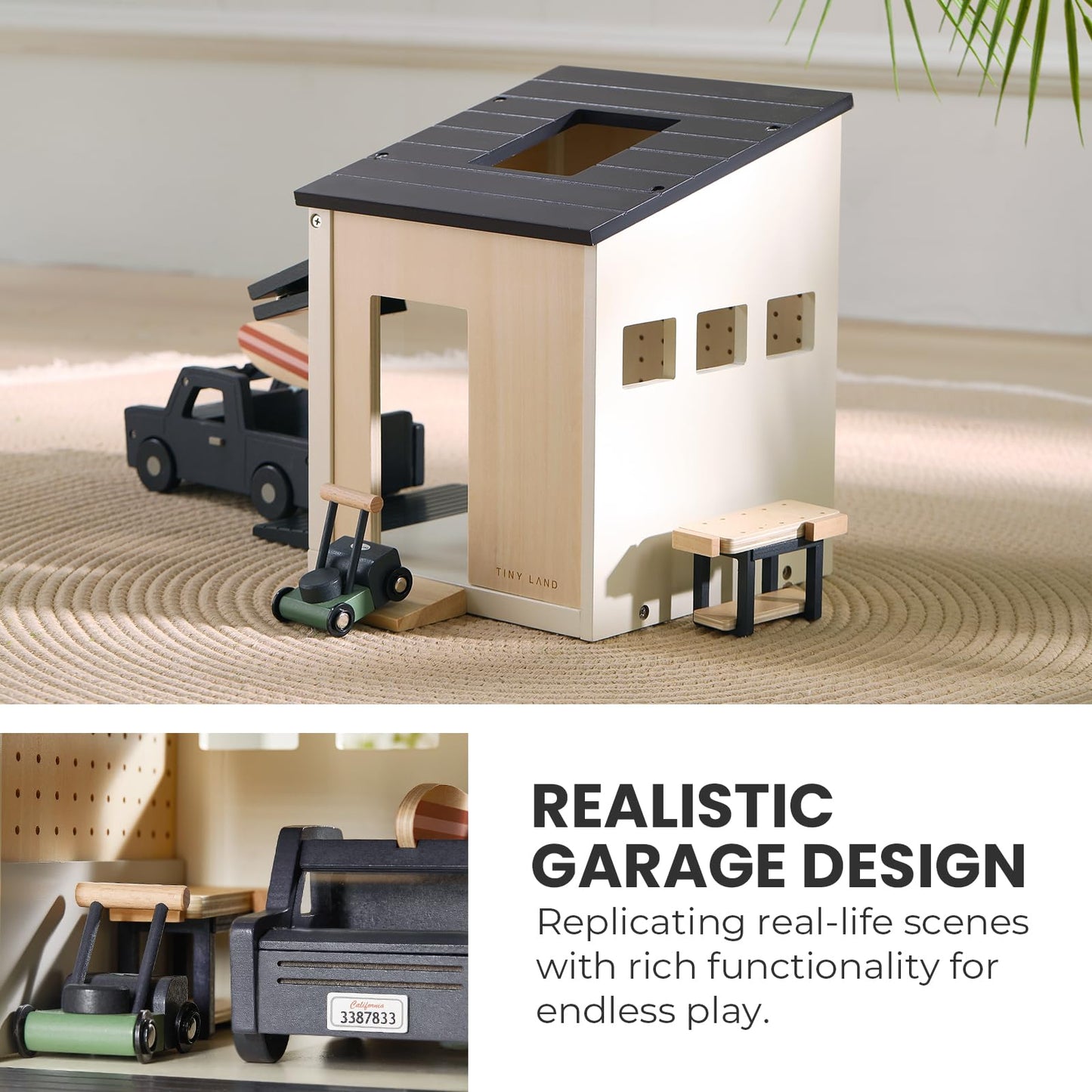 Tiny Land Wooden Dollhouse Garage Set – Realistic Garage, Workbench, Lawn Mower & SUV Car