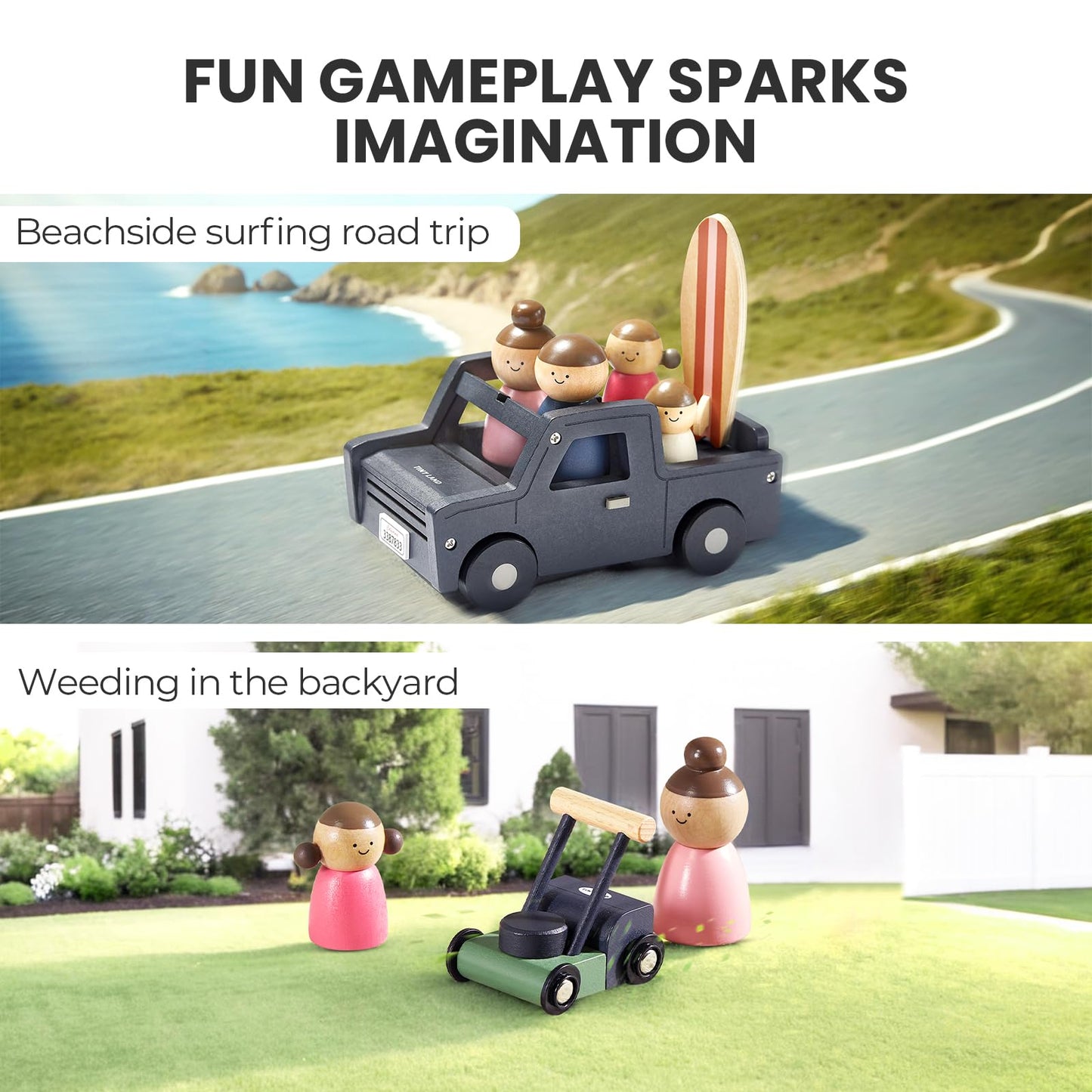 Tiny Land Wooden Dollhouse Garage Set – Realistic Garage, Workbench, Lawn Mower & SUV Car