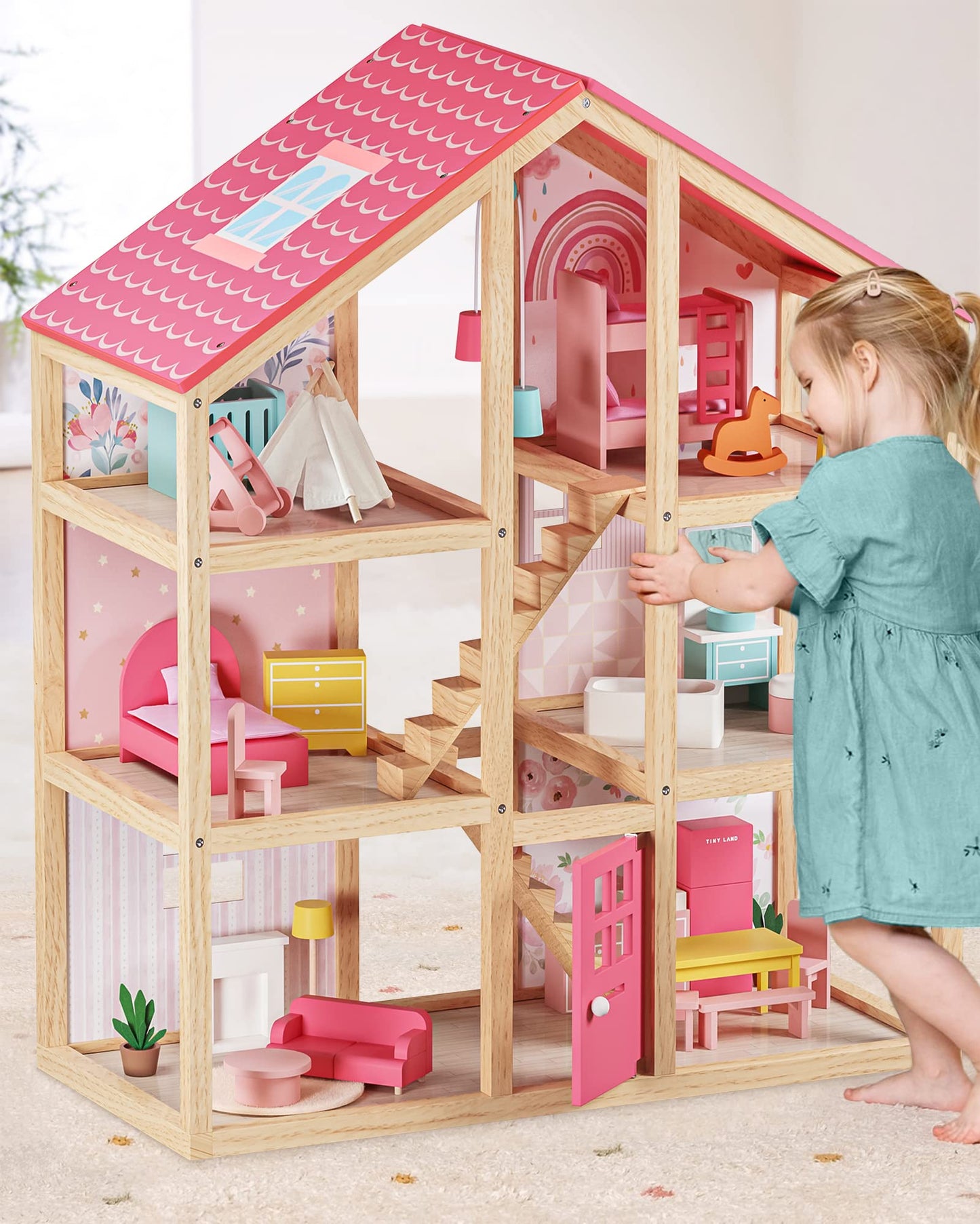 Tiny Land Wooden Dollhouse for Girls - 6 Rooms, 31-Piece Furniture