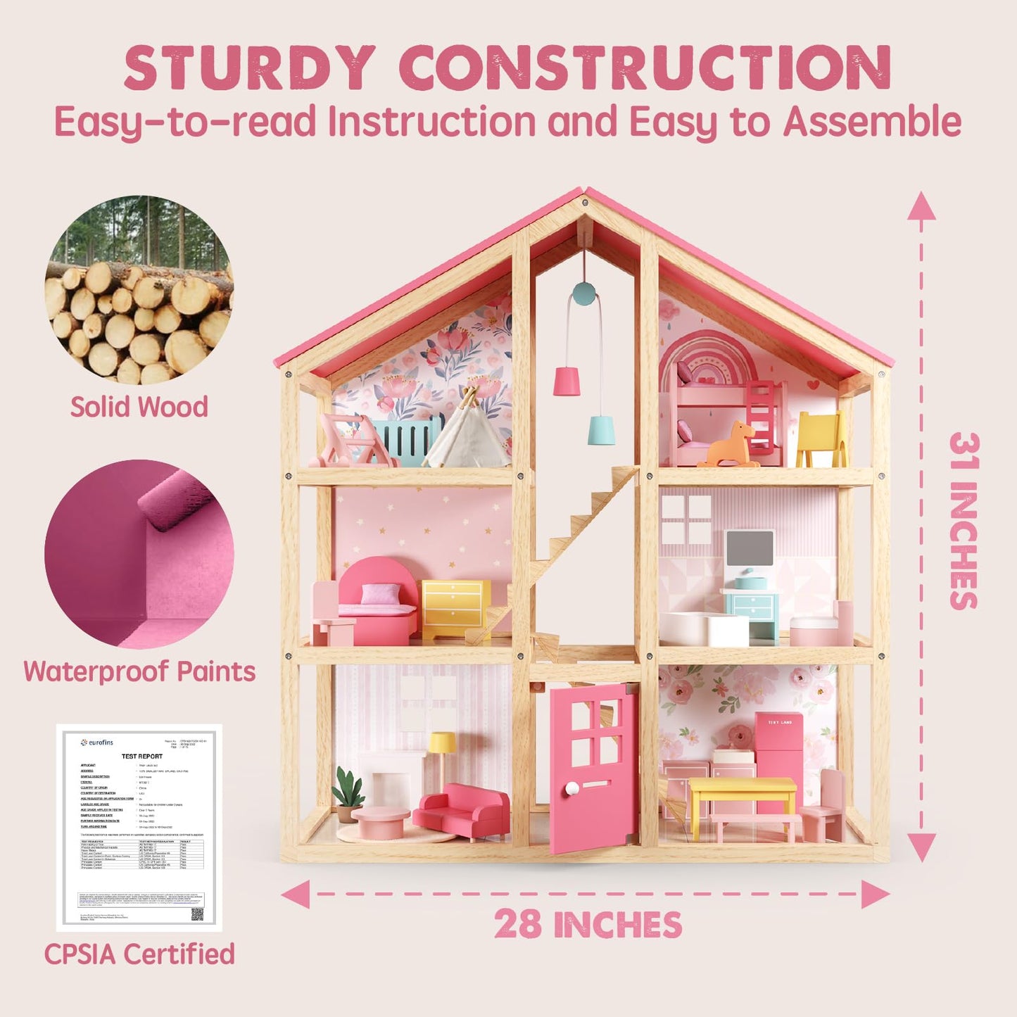 Tiny Land Wooden Dollhouse for Girls - 6 Rooms, 31-Piece Furniture