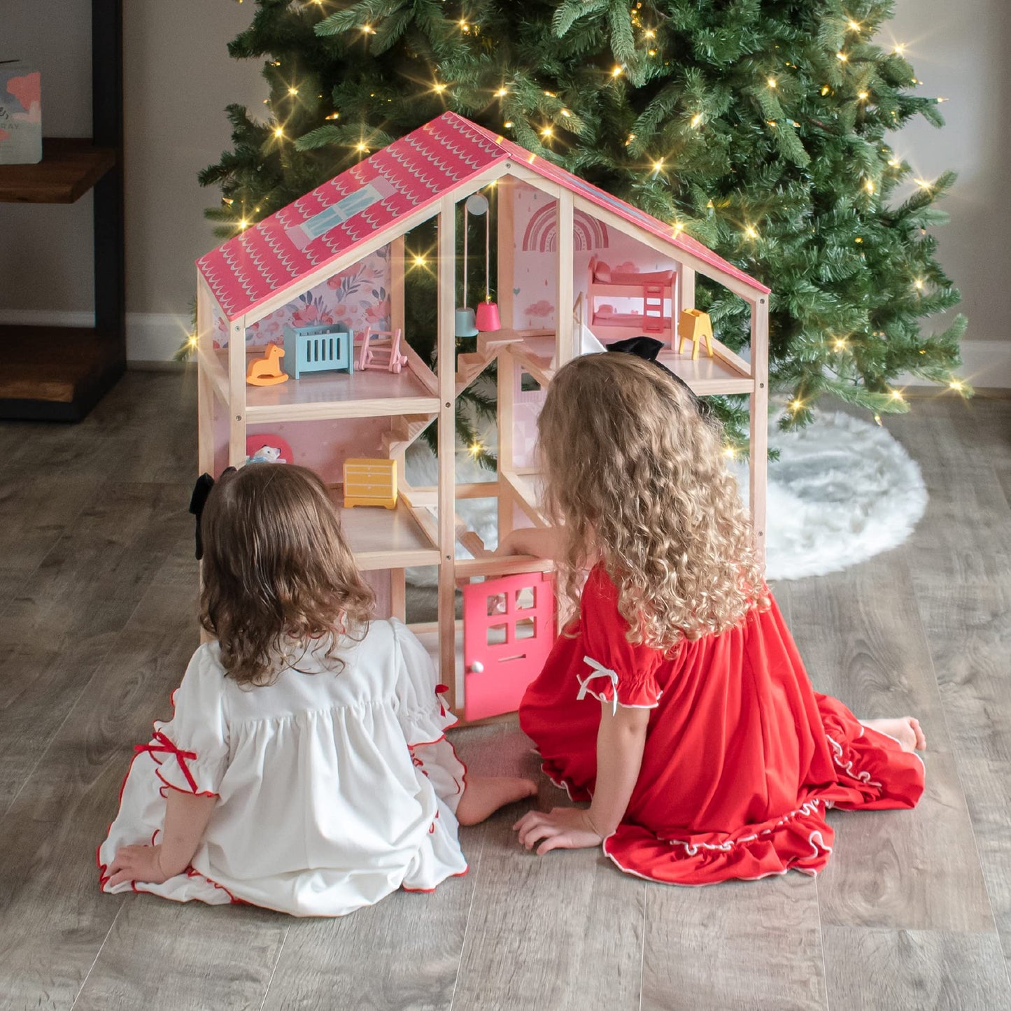 Tiny Land Wooden Dollhouse for Girls - 6 Rooms, 31-Piece Furniture