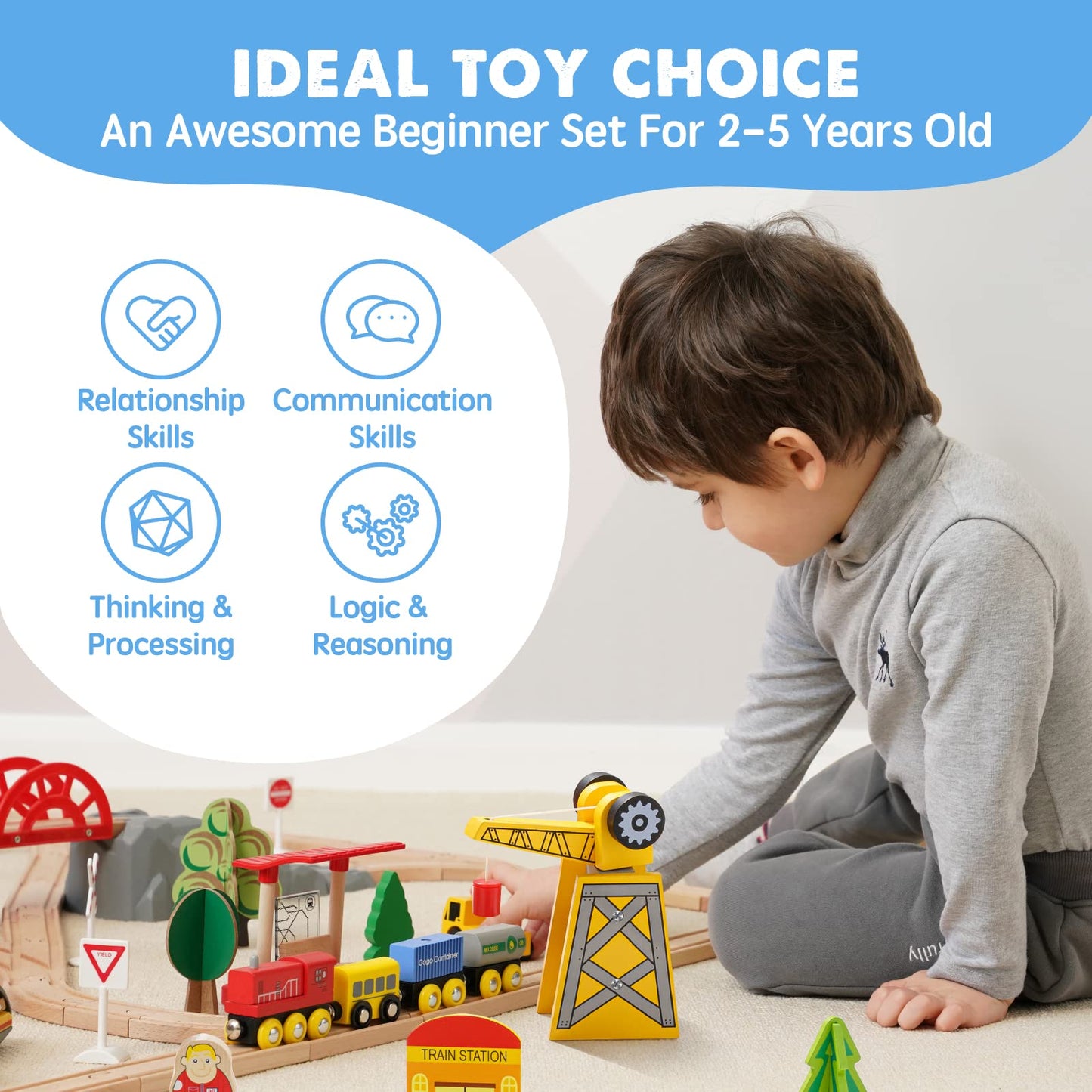 Tiny Land 55PCS Wooden Train Set — Compatible with Major Brand Tracks for Ages 3-7
