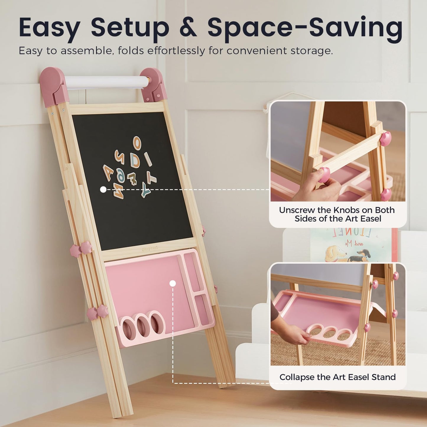 Tiny Land Easel for Kids – Double-Sided Magnetic Easel with Paper Roll & Accessories (Pink)
