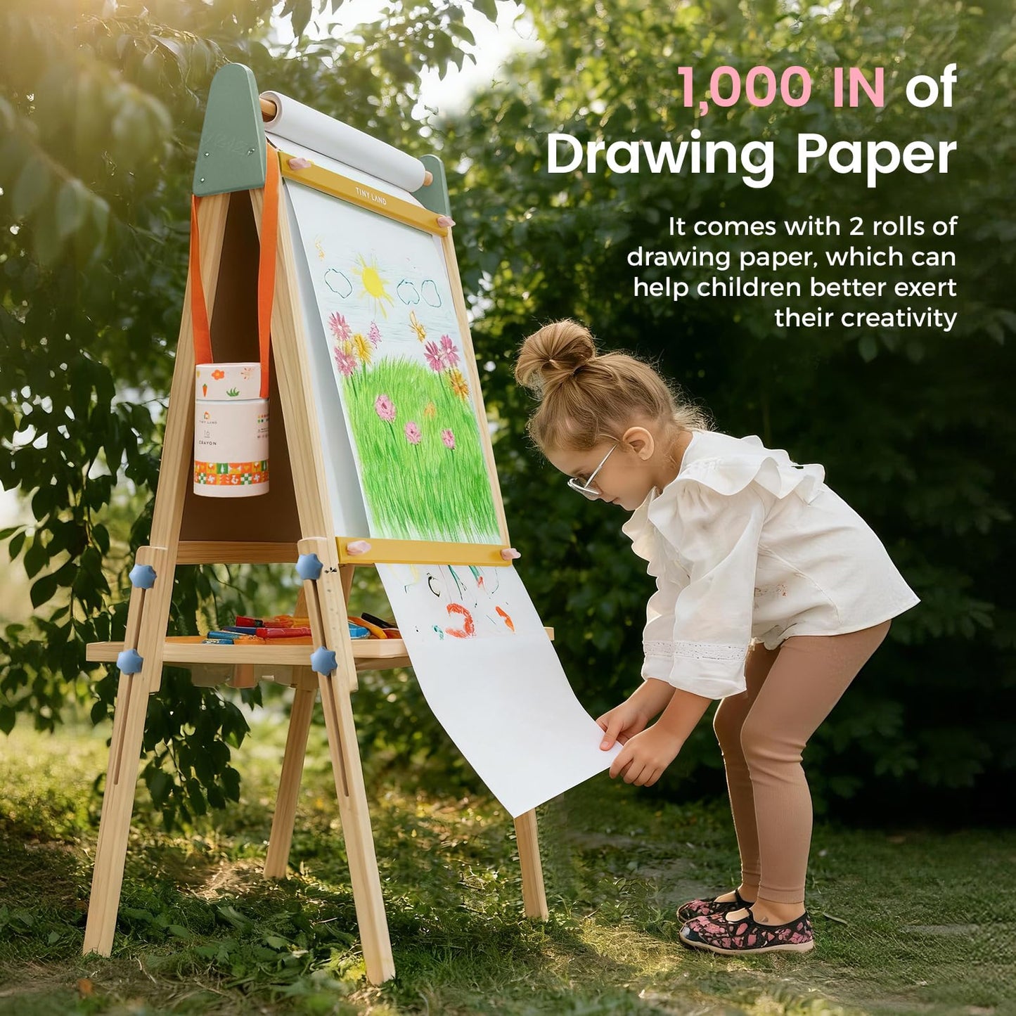 Tiny Land Kids Easel – 3-in-1 Wooden Art Easel with Magnetic Whiteboard, Chalkboard, and Paper Roll (Pink)