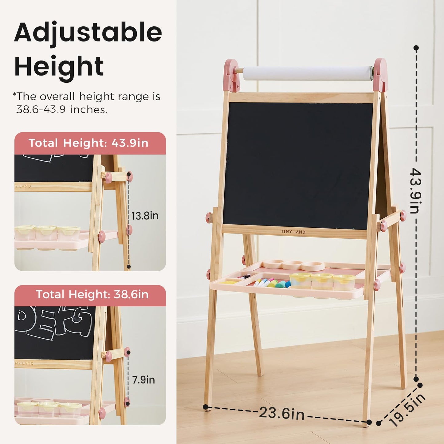 Tiny Land Easel for Kids – Double-Sided Magnetic Easel with Paper Roll & Accessories (Pink)