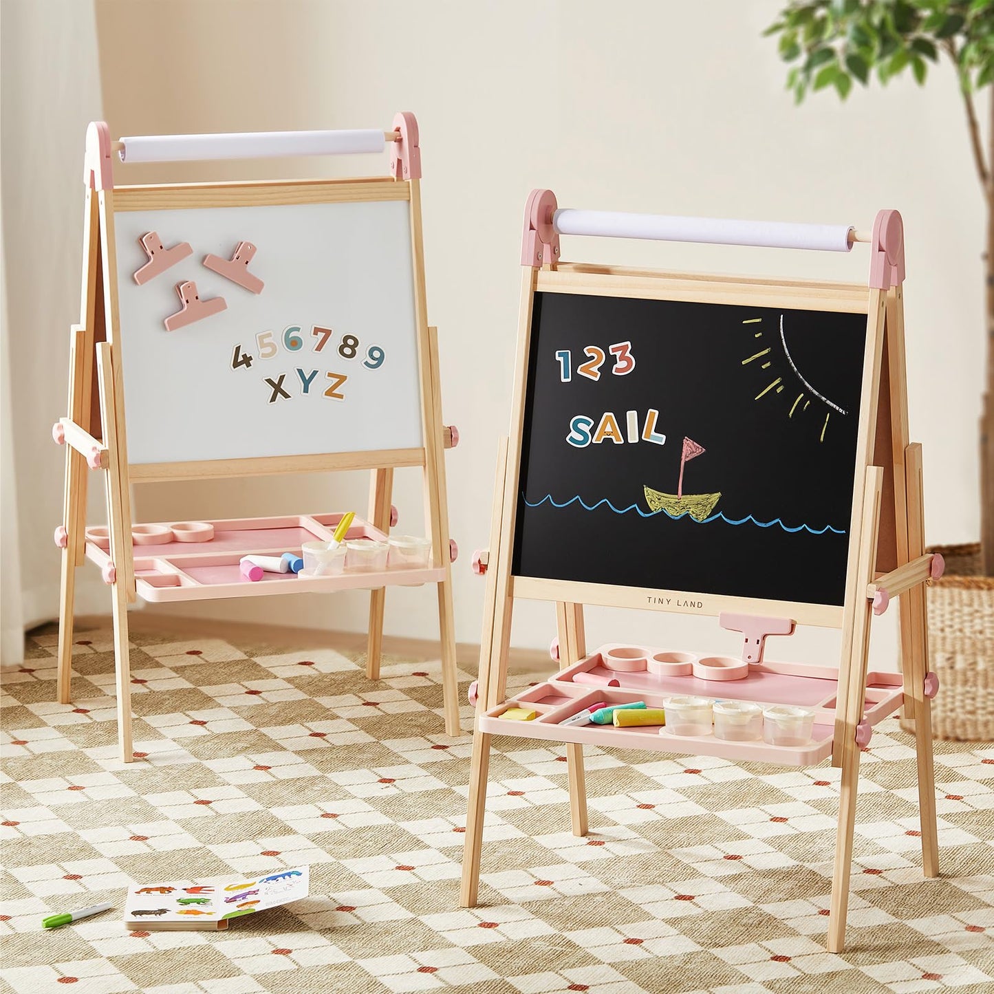 Tiny Land Easel for Kids – Double-Sided Magnetic Easel with Paper Roll & Accessories (Pink)