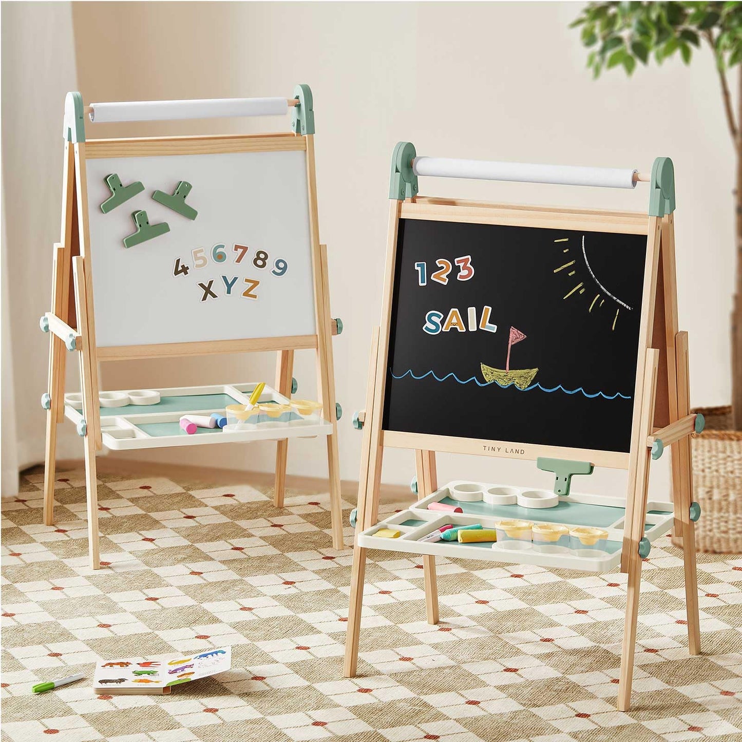 Tiny Land Kids Easel – Double-Sided Magnetic Wooden Easel with Paper Roll, Adjustable Height for 3–8 Years (Green)