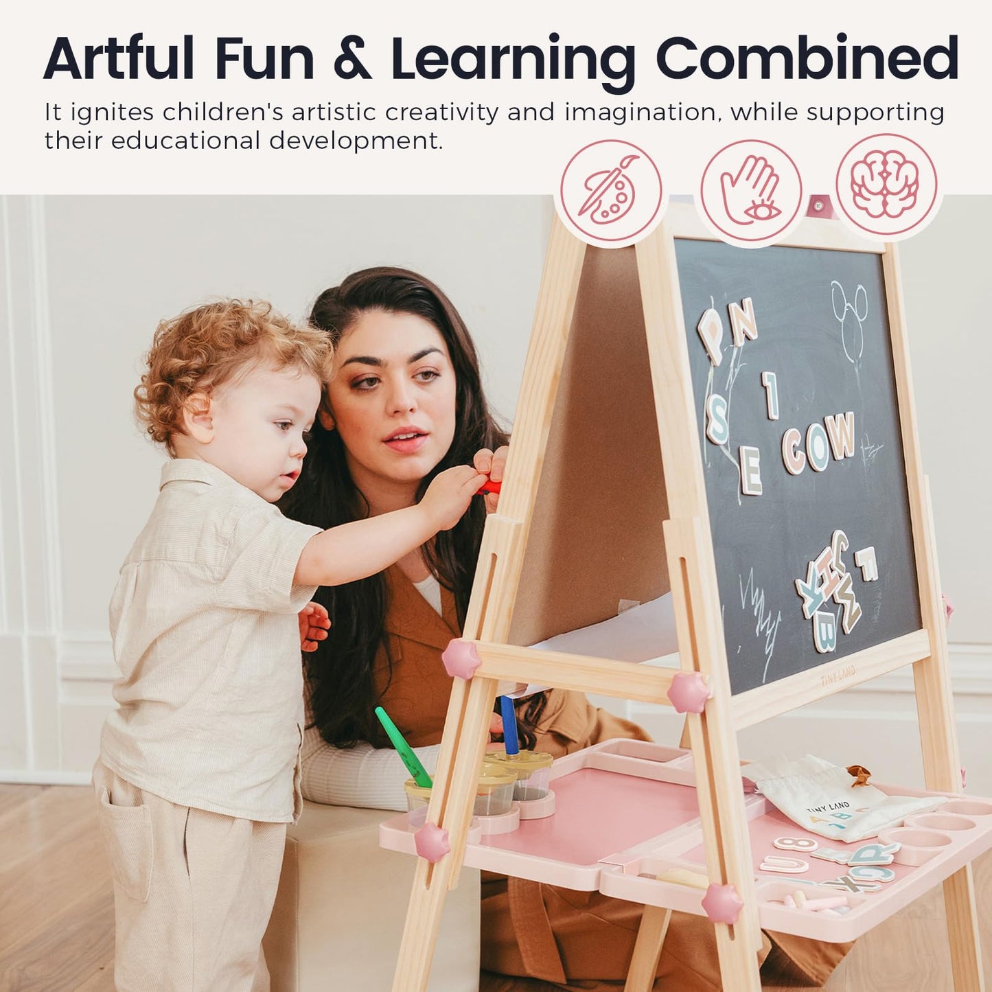 Tiny Land Easel for Kids – Double-Sided Magnetic Easel with Paper Roll & Accessories (Pink)