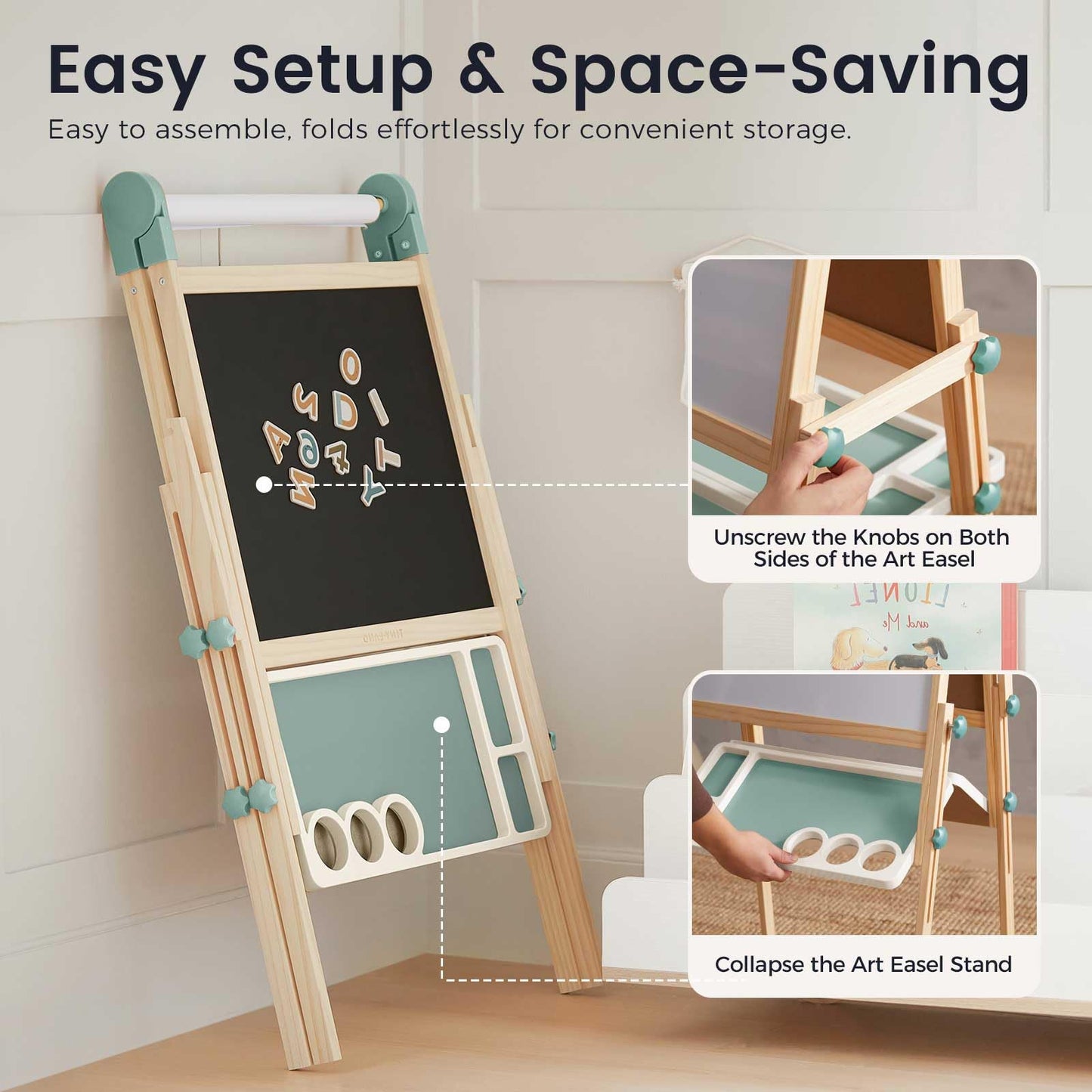 Tiny Land Kids Easel – Double-Sided Magnetic Wooden Easel with Paper Roll, Adjustable Height for 3–8 Years (Green)
