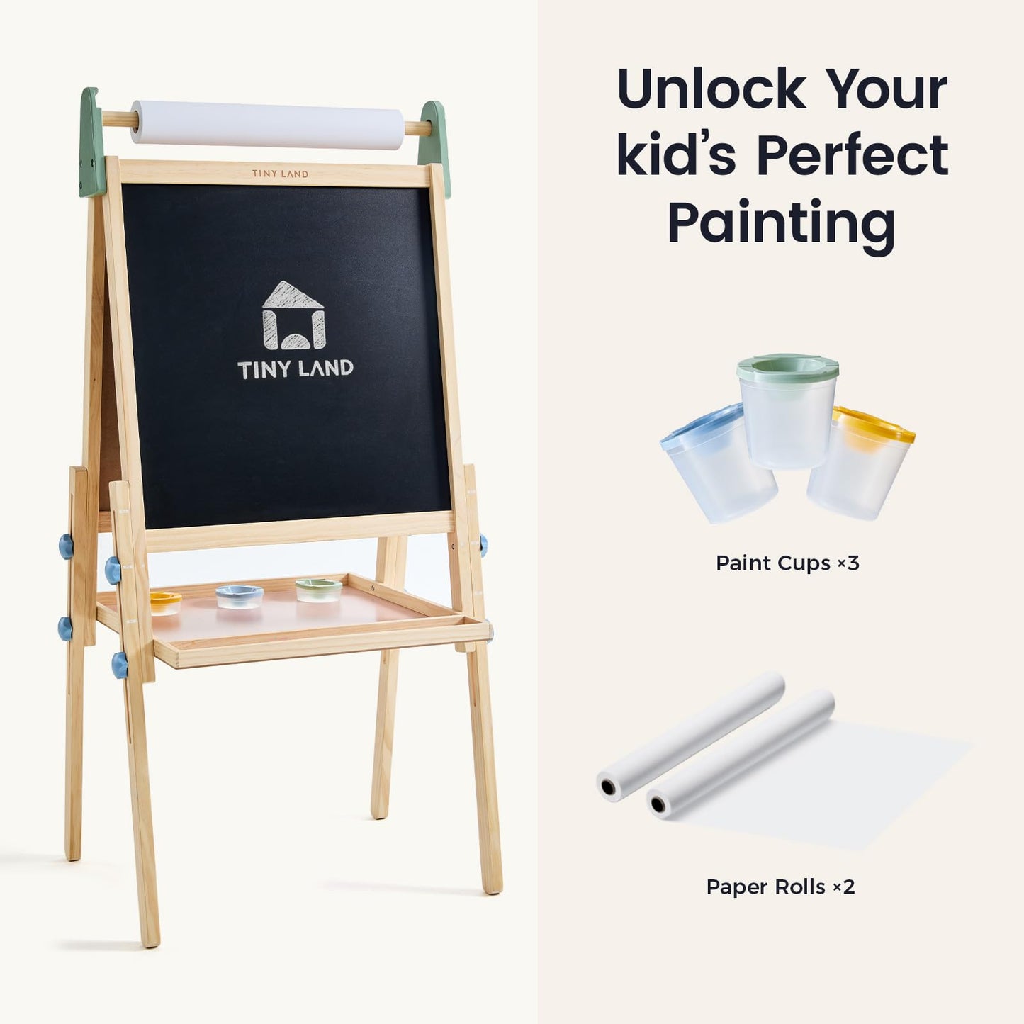 Tiny Land Kids Easel – 3-in-1 Wooden Art Easel with Magnetic Whiteboard, Chalkboard, and Paper Roll (Pink)