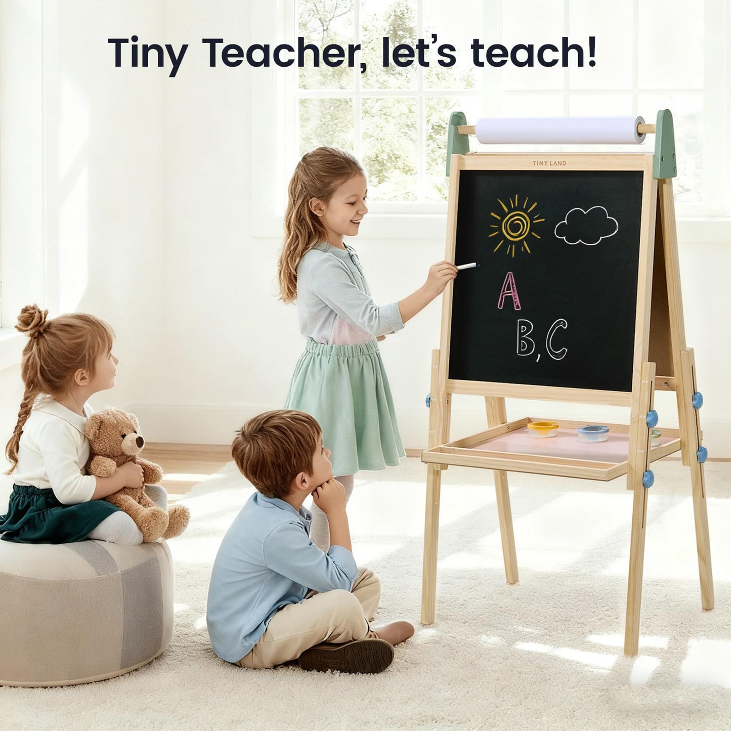 Tiny Land Kids Easel – 3-in-1 Wooden Art Easel with Magnetic Whiteboard, Chalkboard, and Paper Roll (Pink)