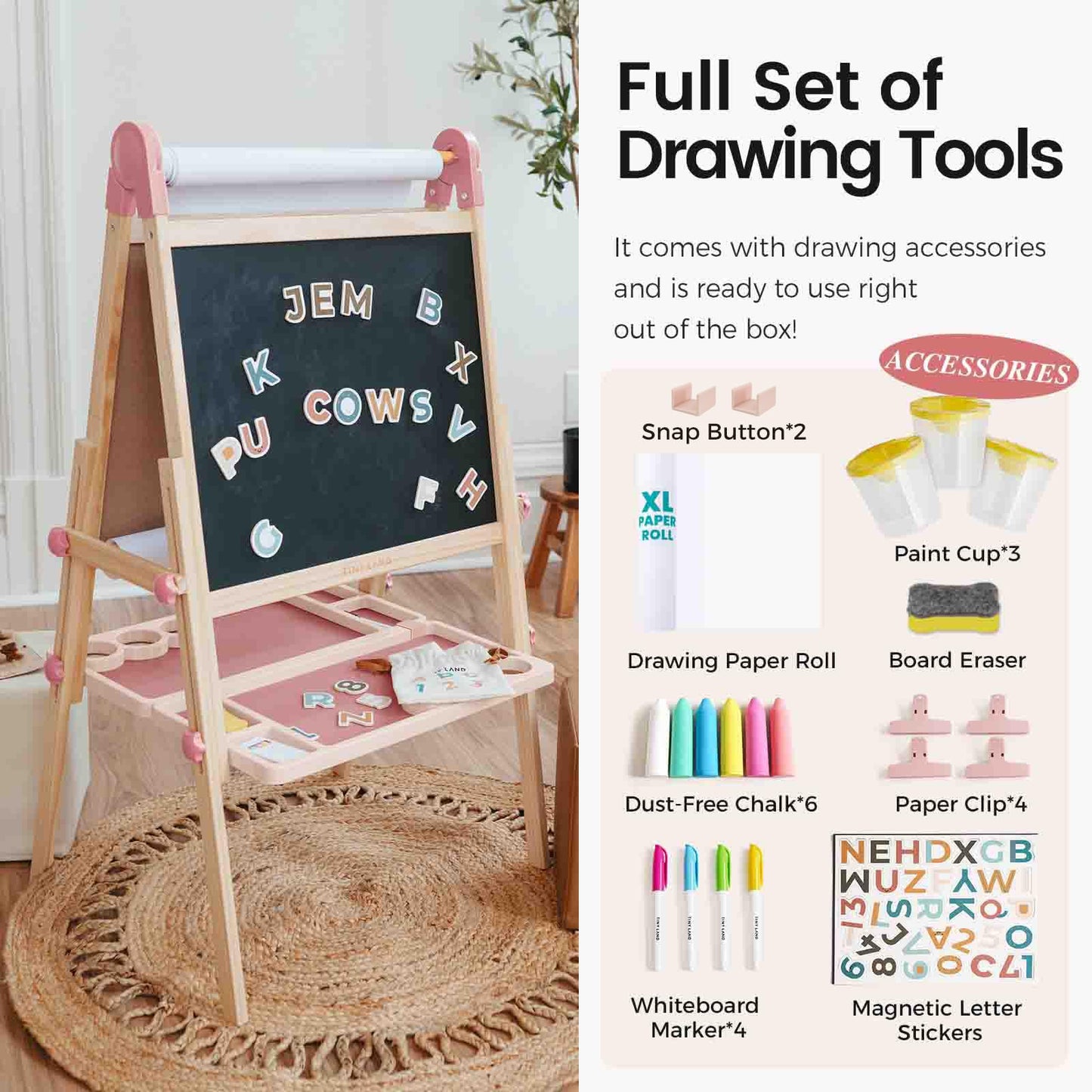 Tiny Land Easel for Kids – Double-Sided Magnetic Easel with Paper Roll & Accessories (Pink)