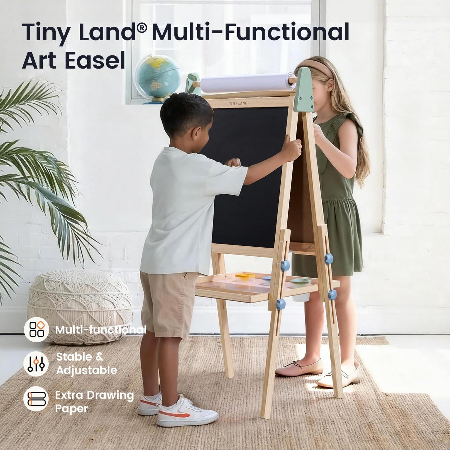 Tiny Land Kids Easel – 3-in-1 Wooden Art Easel with Magnetic Whiteboard, Chalkboard, and Paper Roll (Pink)